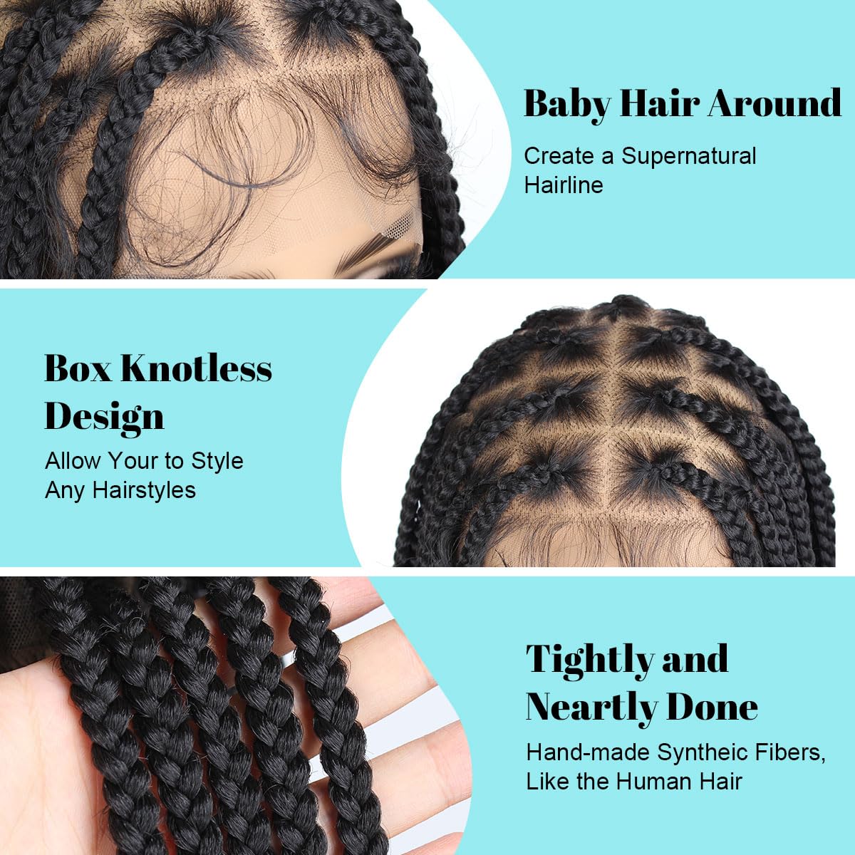 QUISDUIS 36 Inch Full Lace Braided Wigs for Black Women, 360° HD Single-layer Square Knotless Box Braid Wig with Baby Hair Handmade Synthetic Hair Blended Lace Front Wig Natural Black