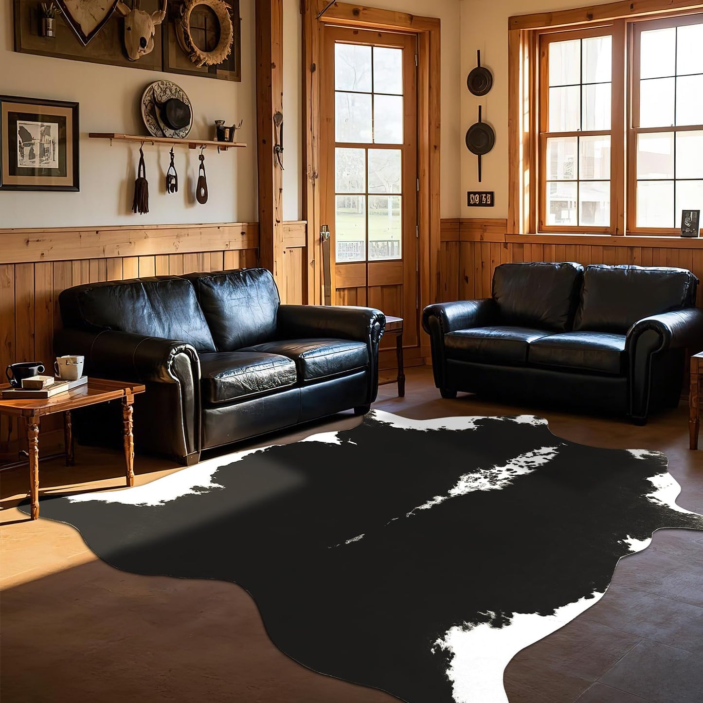 BENRON Premium Cowhide Rug Black, Faux Cow Hide Rugs for Living Room Bedroom Western Home Decor, Non Slip Cute Rug with Irregular Animal Skins and Hides, 5.2 x 6.2ft