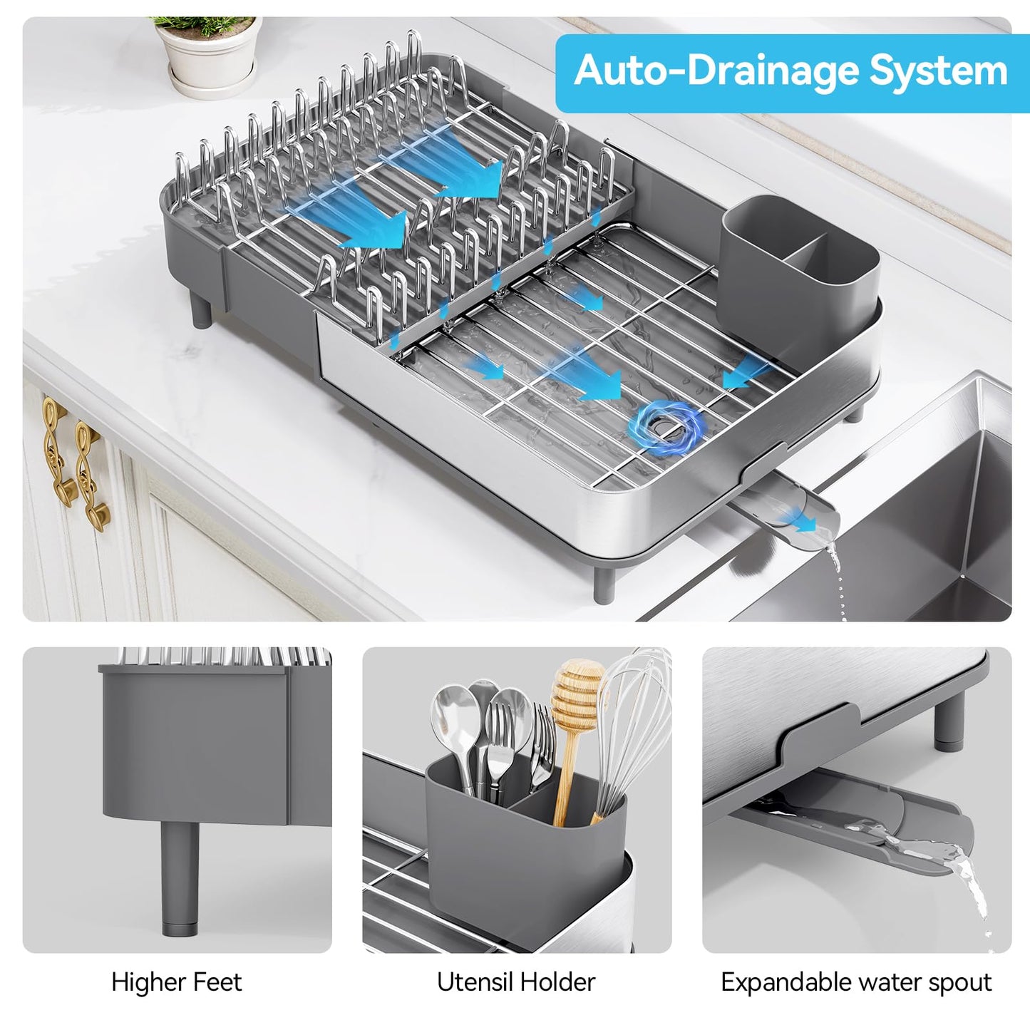 Urackify Dish Drying Rack - Dish Drainer for Kitchen Counter, Stainless Steel Dish Rack with Swivel Draining Spout & Drain Board, Expandable Space-Saving Kitchen Dish Organizer for 3-4 People, Grey