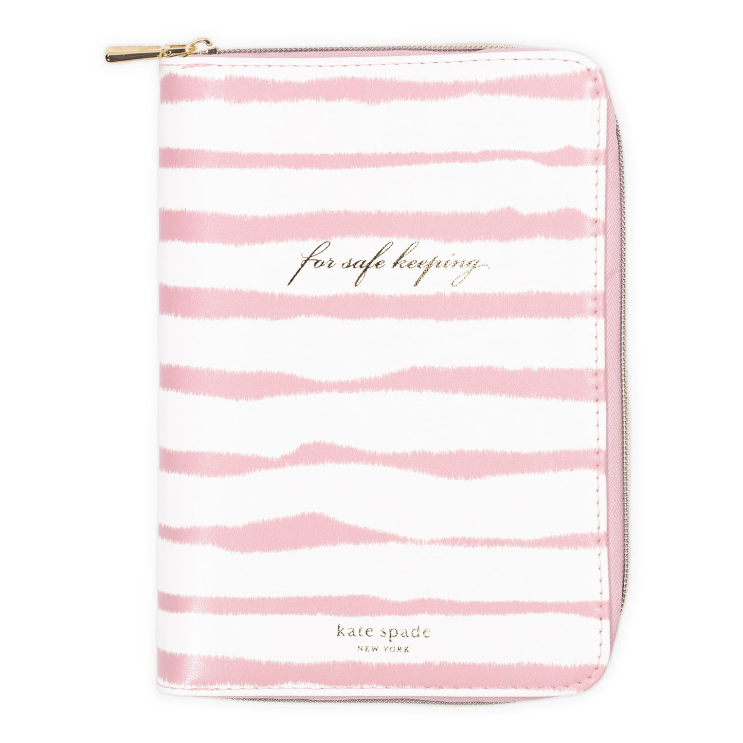kate spade new york Travel Jewelry Folio, 8.5" x 6" Organizer with 8 Zippered Pockets, Necklace Tabs & Tracker Pocket, Leatherette Case with “For Safe Keeping” Quote (Goddess Stripe)