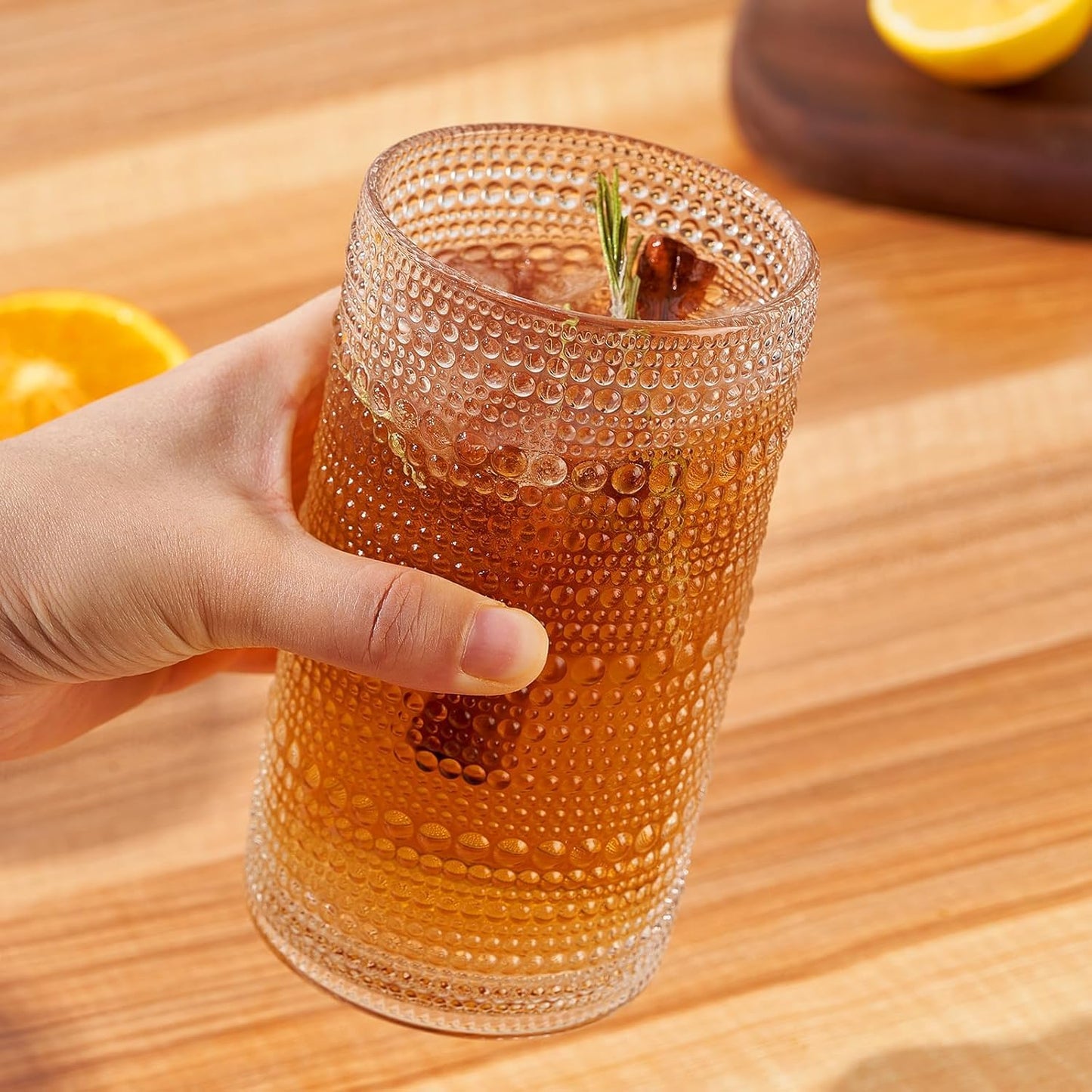 GDCCI 16oz Hobnail Drinking Glasses Set of 6, Vintage Large Capacity Embossed Clear Tumblers, Highball Glasses for Water, Cocktail, Beer, Whiskey, Juice & Bar Use