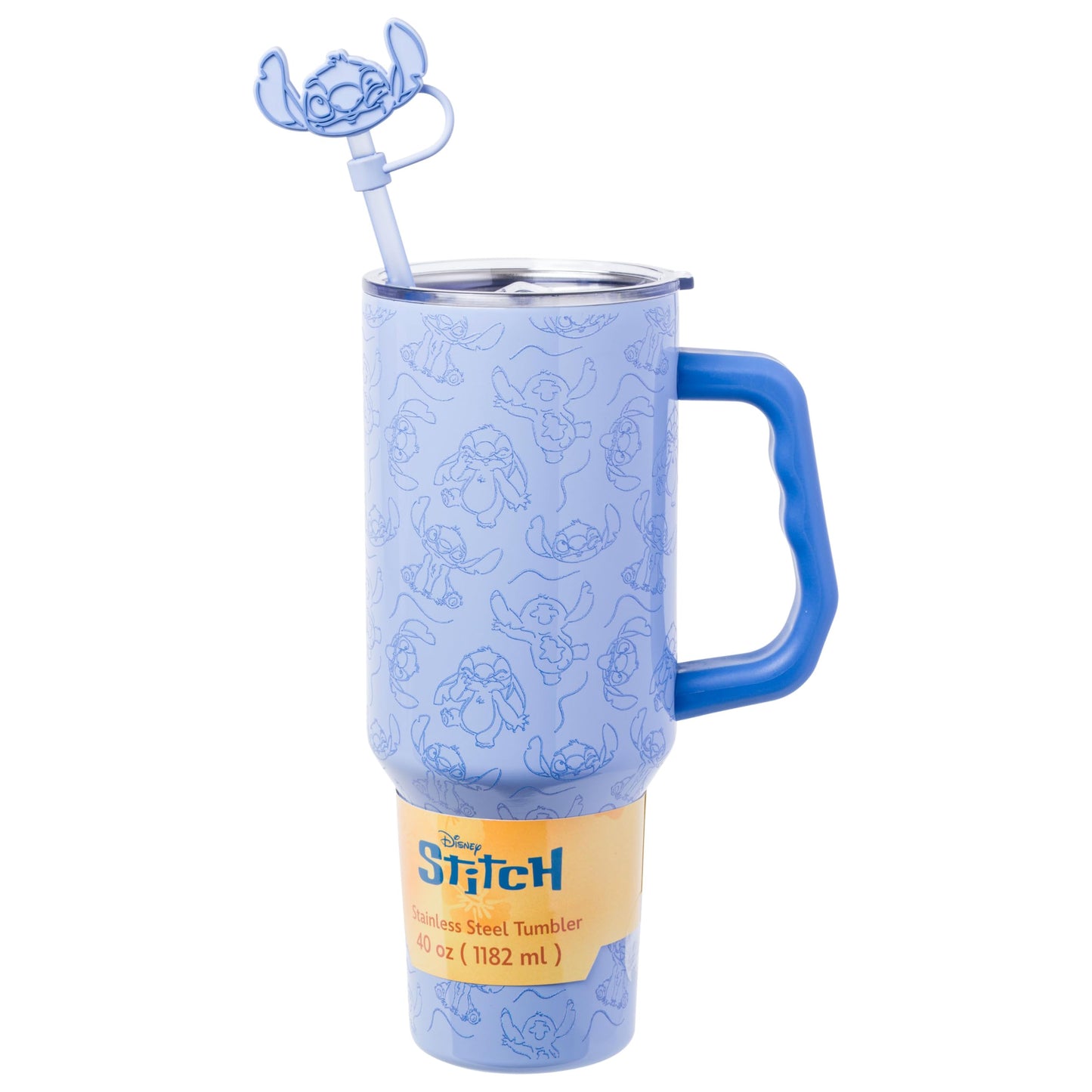 Silver Buffalo Disney Lilo and Stitch Poses Pattern Double Walled Stainless Steel Tumbler with Handle, Straw, and Straw Cap, Fits in Standard Cup Holder, 40 Ounces