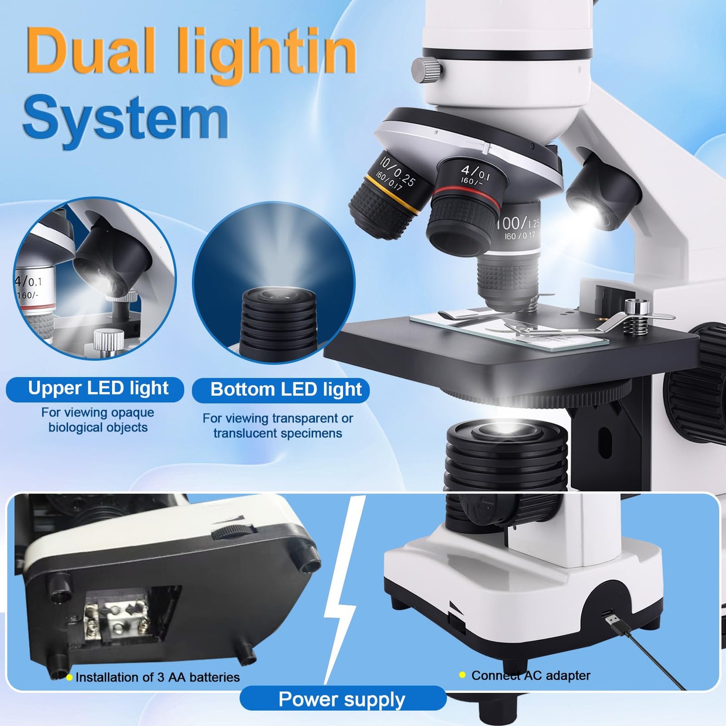 Microscope for Kids & Adults, 40X-2500X High-Power Compound Microscope for Students, School Lab & Home Schooling,Features Prepared Slides & Phone Holder