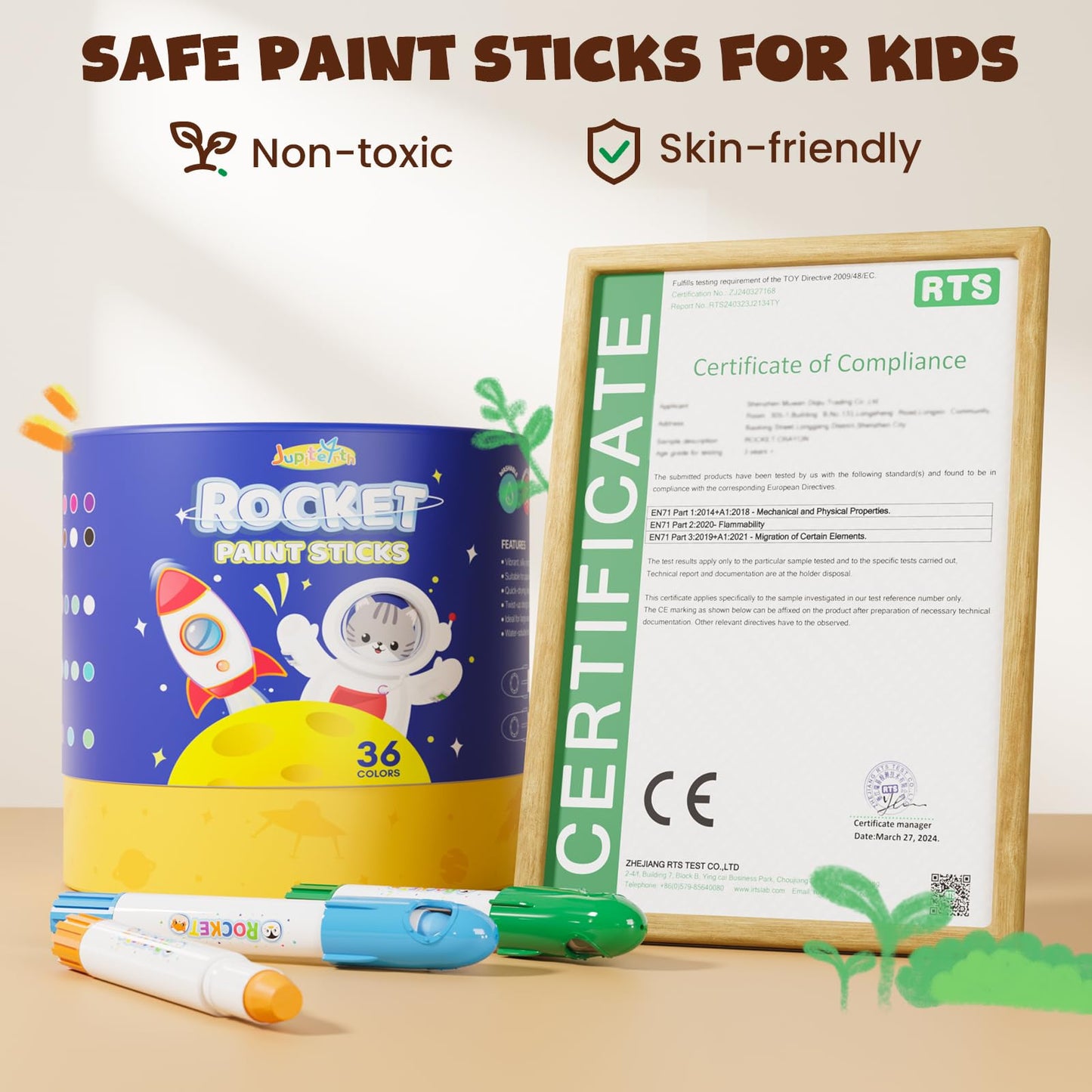 JUPITEARTH 36 Colors Rocket Tempera Paint Sticks with 120 PDF Coloring Pages, Quick Drying, Non-Toxic and Washable Paint Sticks for Kids and Students, Art Supplies for Drawing on Paper and Canvas