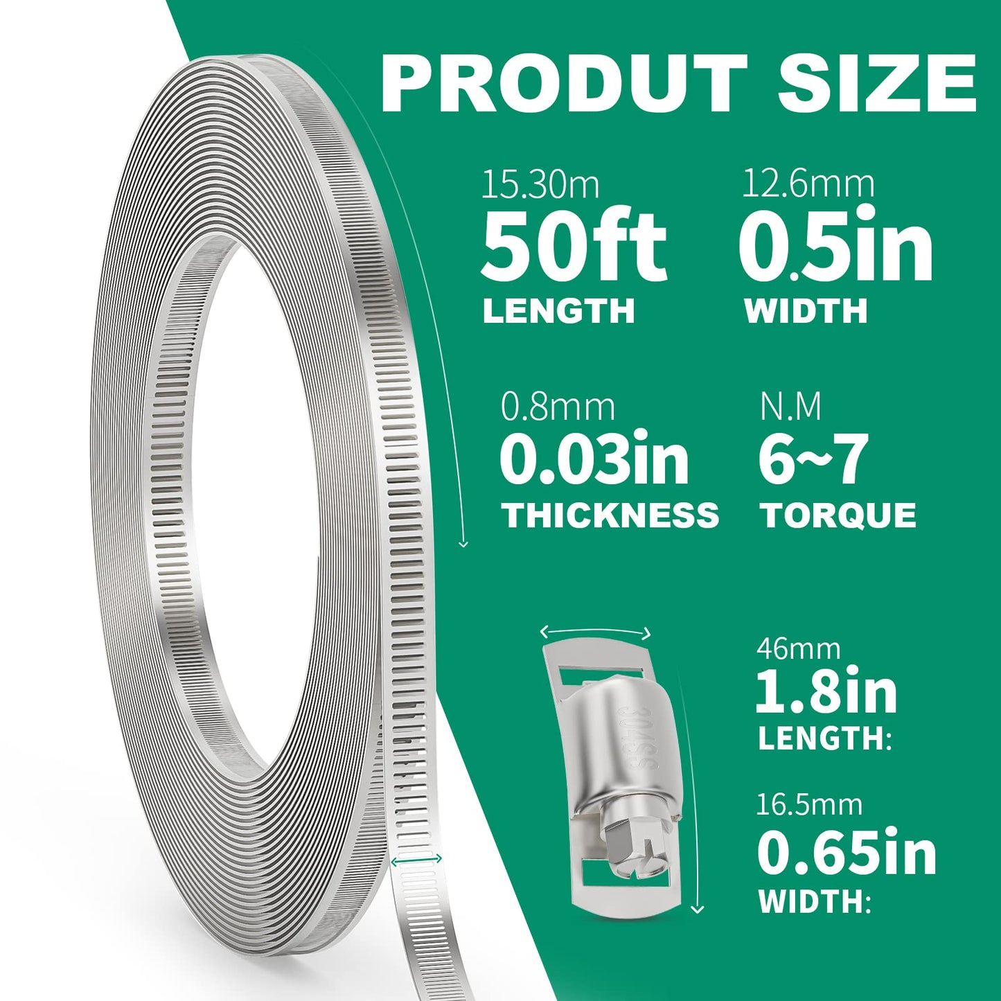 OURU 50FT Hose Clamps,304 Stainless Steel Hose Clamp Assortment Kit DIY Metal Strapping with Holes+20 Fasteners,Adjustable Worm Gear Large Hose Clamps Metal Band Screw Clamp Straps for Pipe,Duct,Tube