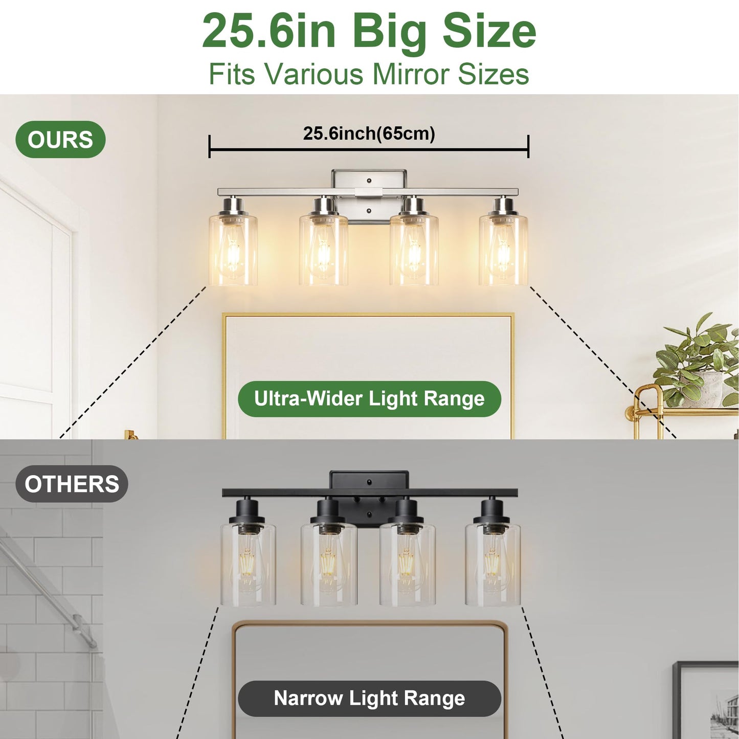 Ascher Bathroom Light Fixtures, 4-Light Vanity Lights with Clear Glass Shade, Modern Brushed Nickel Wall Light for Mirror Bedroom Hallway Cabinet Porch