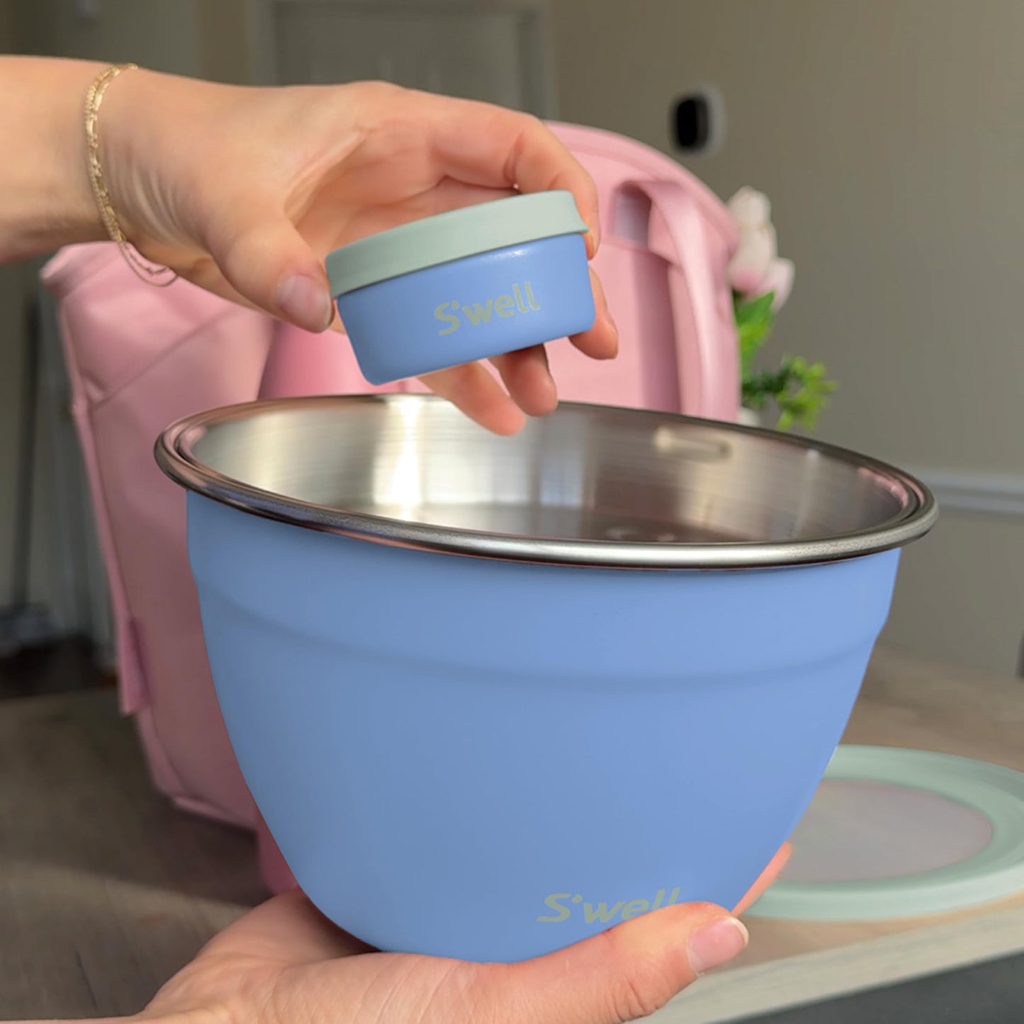 S'well Stainless Steel Salad Bowl Kit 64oz, Chambray, Comes with 2oz Mini Canister and Removable Tray for Organization, Leakproof, Easy to Clean, Dishwasher Safe