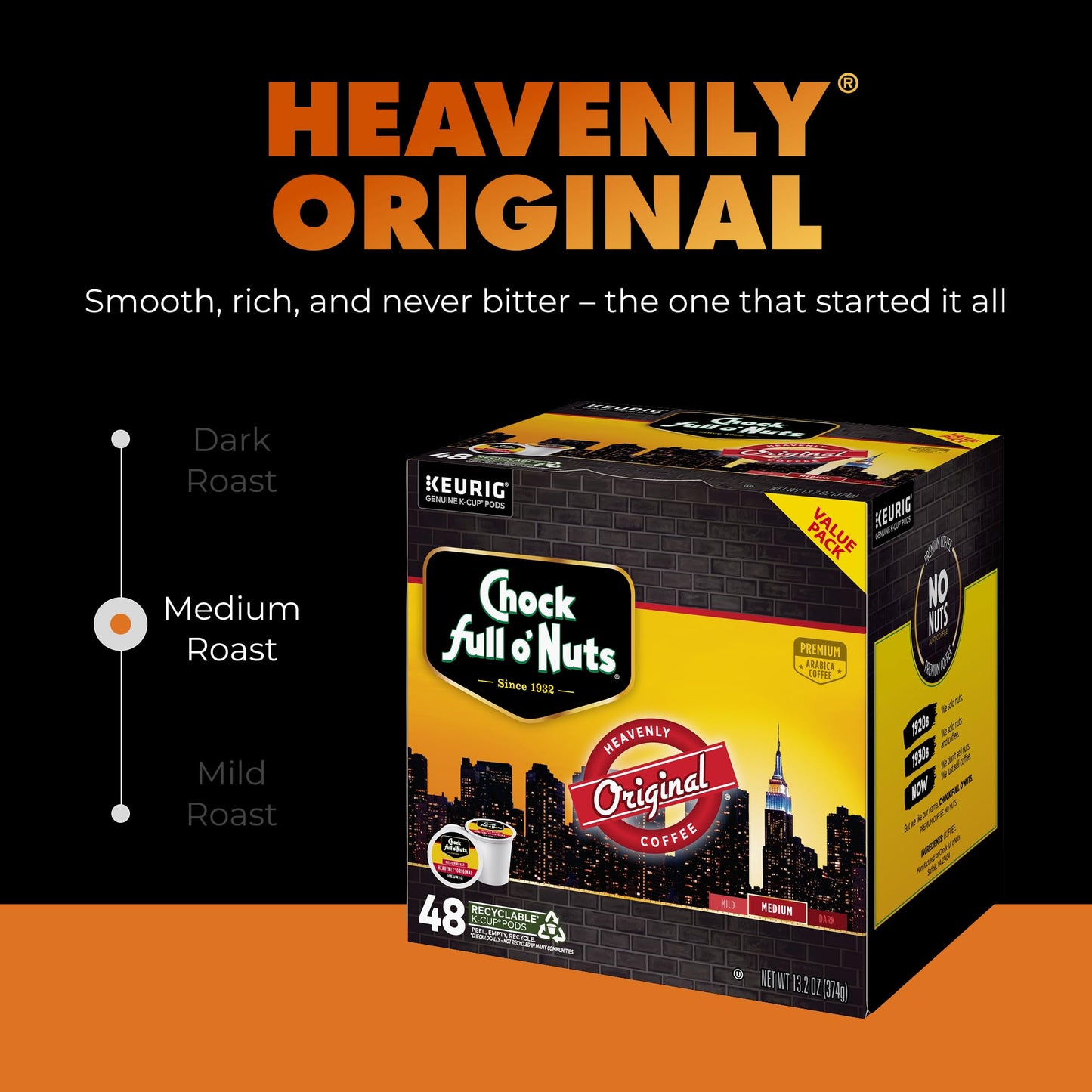Chock Full o' Nuts Heavenly Original Keurig K-Cup Pods for Keurig Brewers – Premium Arabica, Medium Roast – Single Serve – 1 Pack of 48 K-Cup Pods
