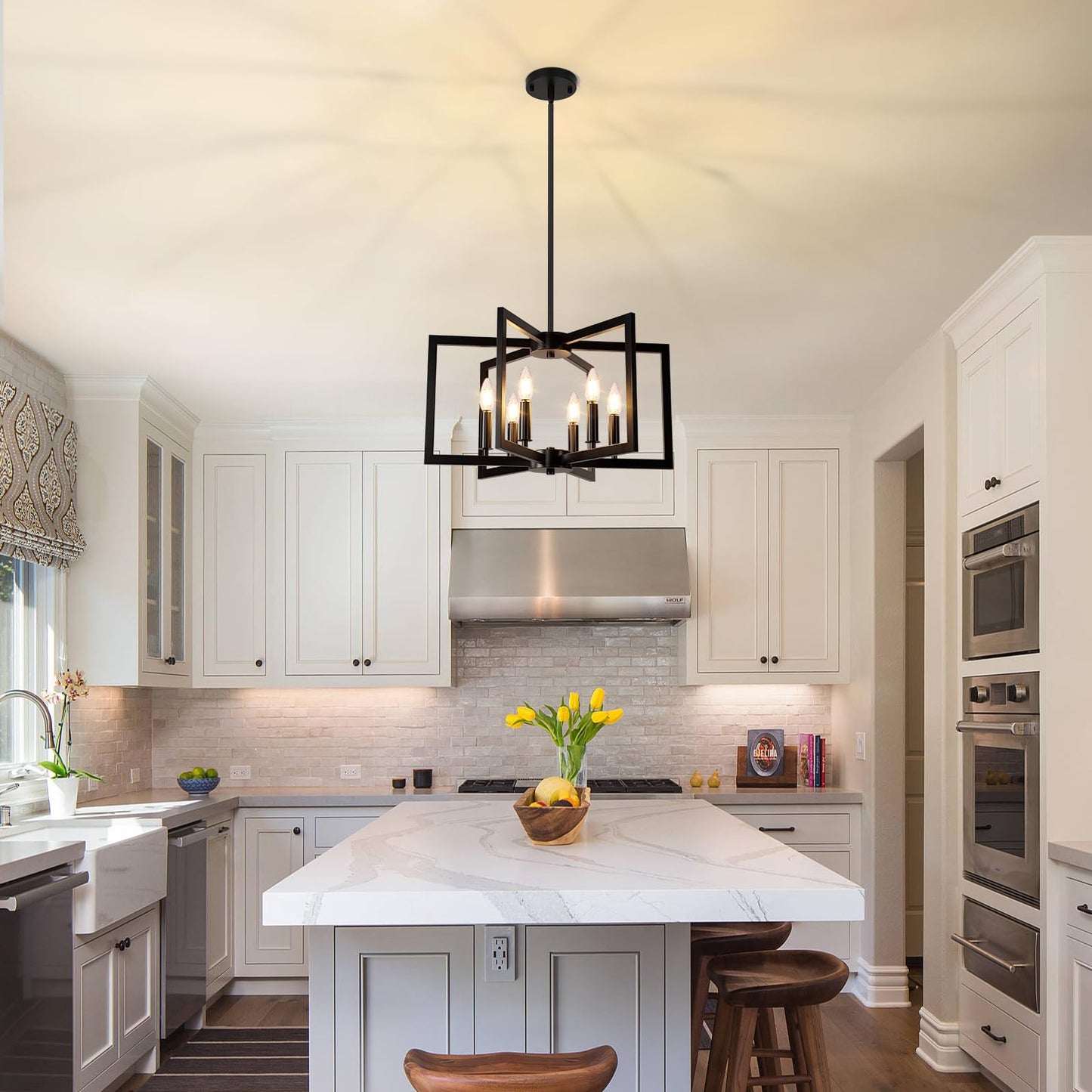 6-Light Black Chandelier, Farmhouse Dining Room Light Fixture, Large Modern Chandelier, Geometric Industrial Metal Hang Lighting Fixture for Foyer Entryway Kitchen Over Table Hallway Living Room