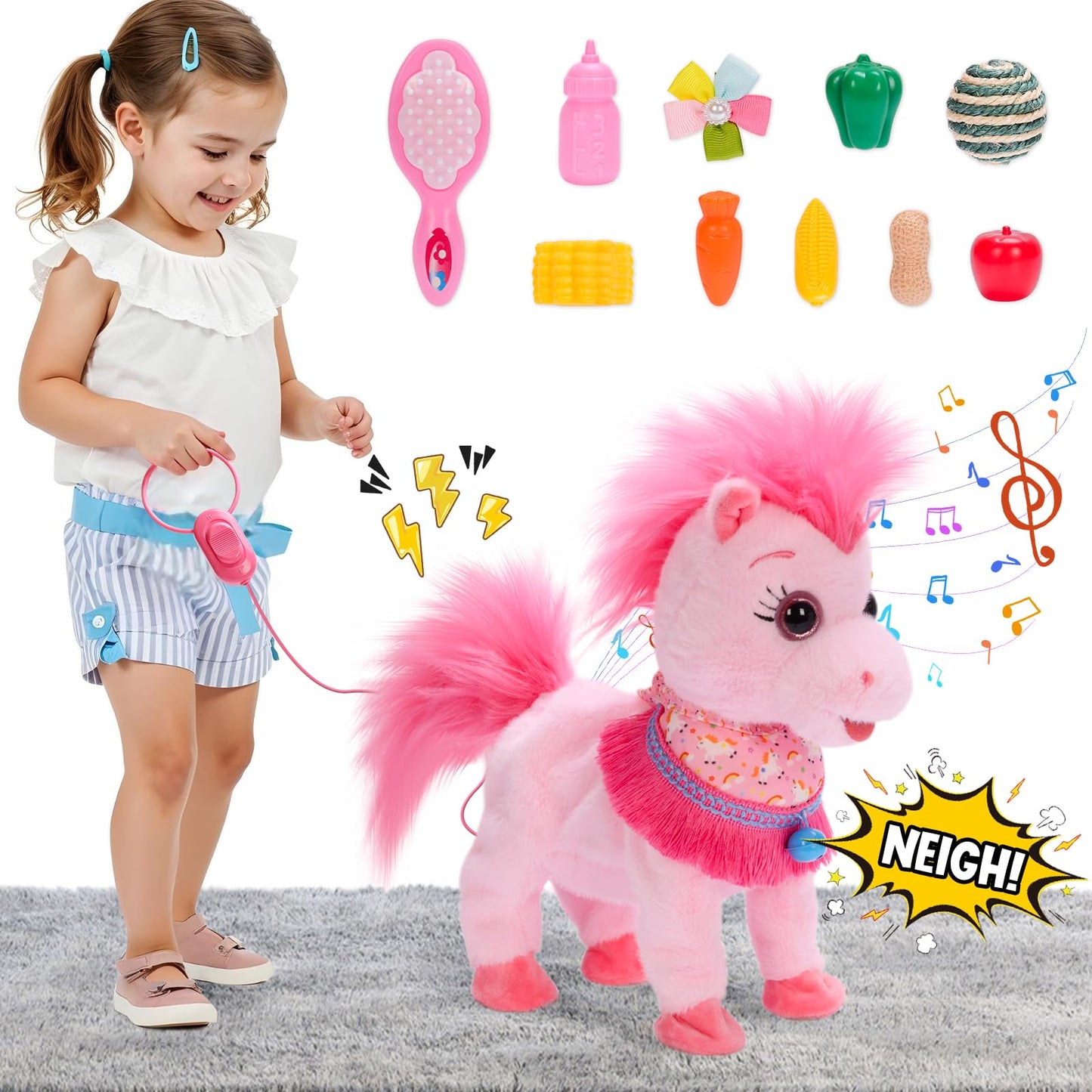 Pink Walking Pony Set Interactive Talking Singing Dancing Horse Walk Along with Remote Control Leash Plush Pony Pet Toy for Kid, Nod Lick Wag Repeat What You Say, 3+ Girl Boy