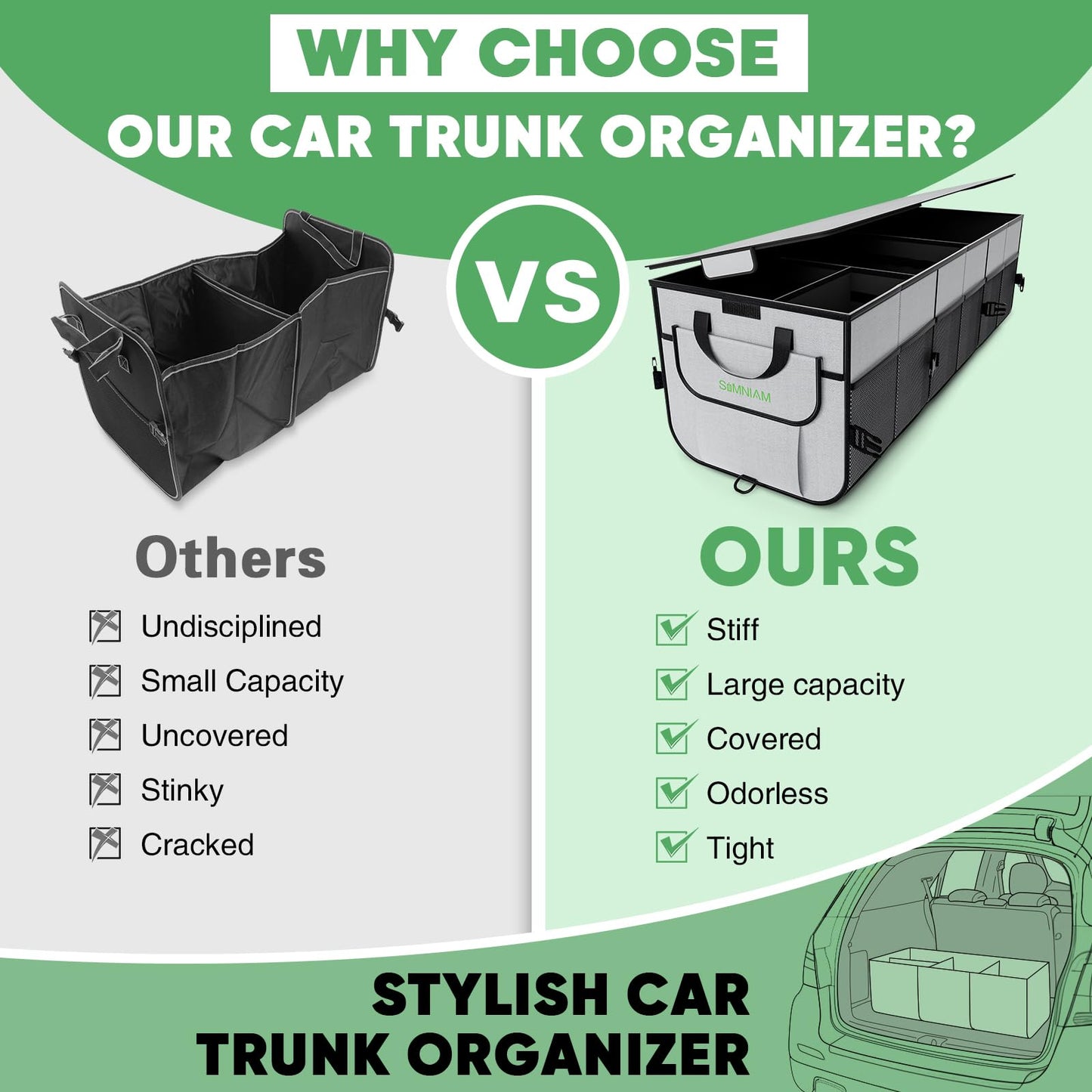 Simniam Car Trunk Organizer with Insulated Grocery Bag- 110L High Capacity Car Storage Box, with 4 Compartments, Reflective Strip, Cover, for Auto, SUV, Truck, Minivan
