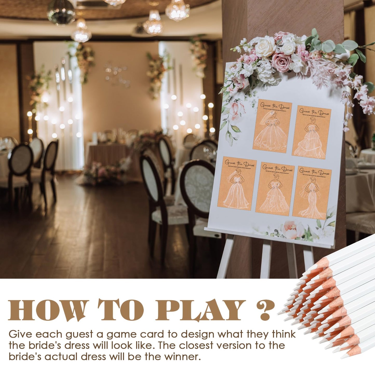Sinload 60 Sets Guess the Dress Bridal Shower Games for Guests Include 60 Pcs Wedding Shower Games Cards and 60 Pcs Pencils Fun Wedding Party Supplies Games Ideas (Brown,Long Pencil)