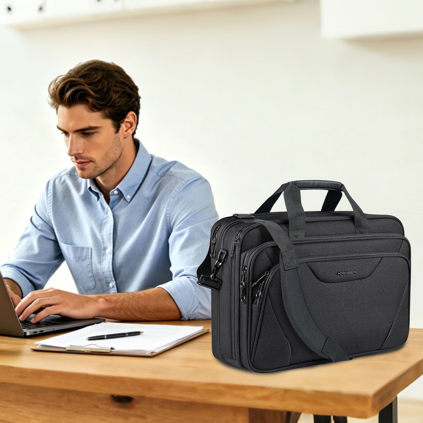 KROSER Laptop Bag Premium Laptop Briefcase Fits Up to 17.3 Inch Laptop Expandable Water-Repellent Shoulder Messenger Bag Computer Bag for Travel/Business/Men/Women-Black