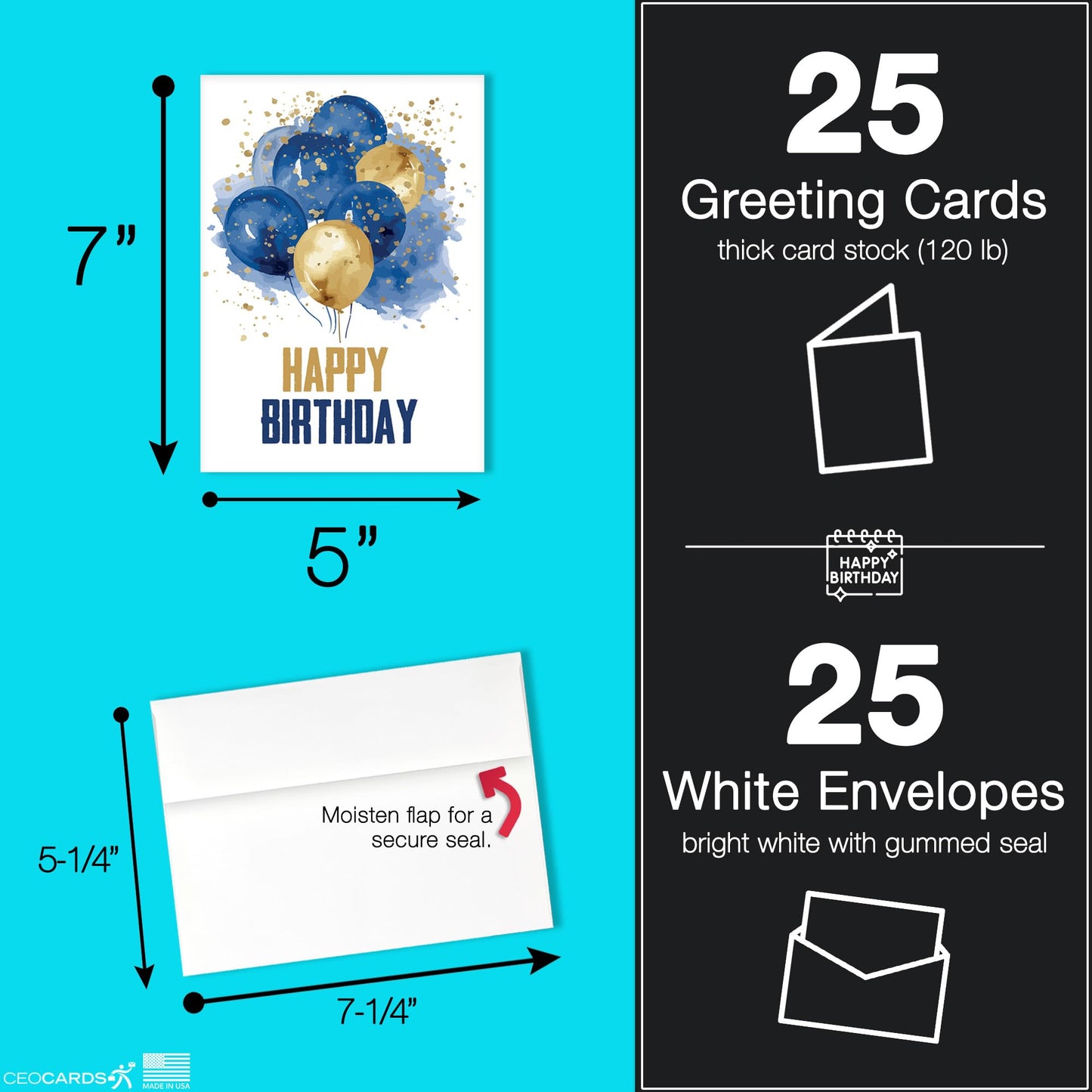Happy Birthday Cards with Envelopes (25 Assortment Pack – 5 Designs) Bulk Birthday Card Set for Family & Business (5x7 inch – A7) Office, Work, Coworkers, Employees, Clients (VP2411) Made in USA