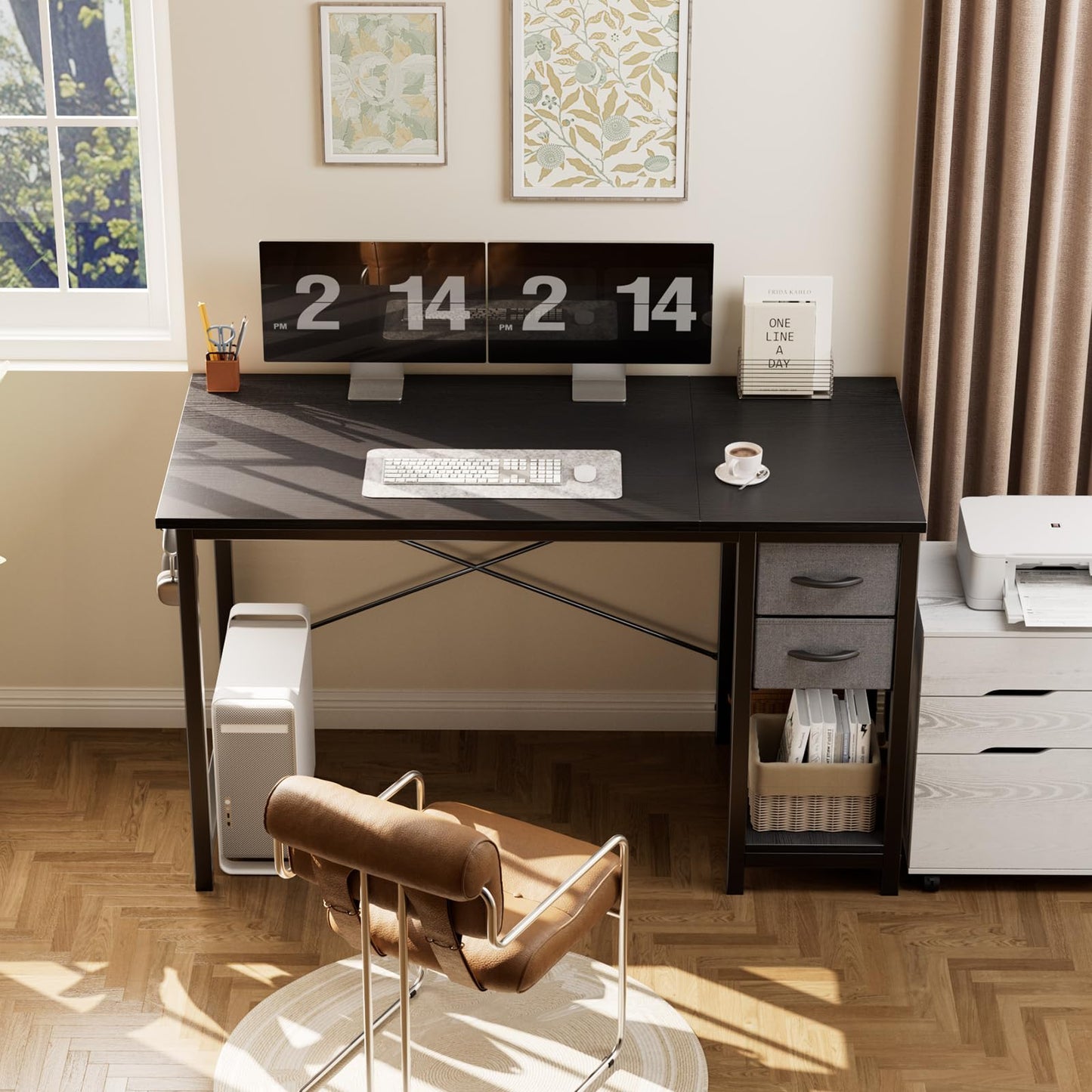 Sweetcrispy 40 Inches Computer Desk with Drawers Home Office Writing Table X-Shaped Reinforcement Modern Work Surface Side Hook Sturdy Metal Frame Large Space Storage Organization Black