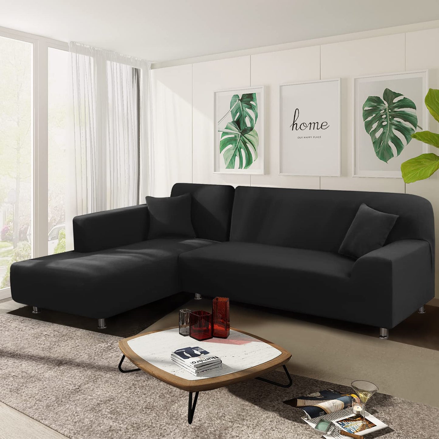 NAISI Couch Cover L Shape 2 Pieces Sofa Cover Soft Stretch Slipcovers with 2pcs Pillowcases Furniture Protector Sectional Couch Covers 3 Seater + 3 Seater(Black)