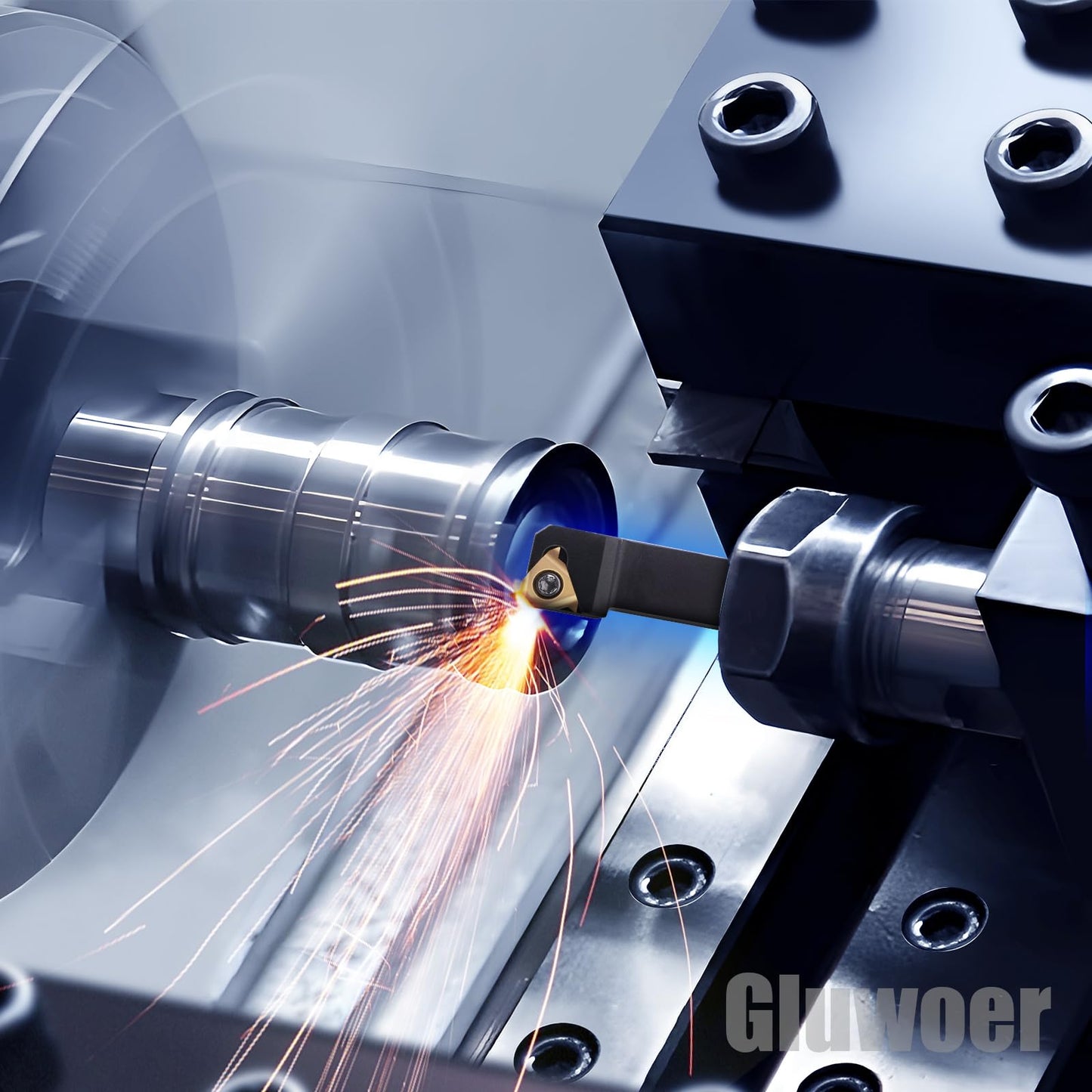 Gluwoer Indexable Lathe Turning Tool 3/8" 10mm Shank 21PCS Kit-7PCS Metal Lathe Tools Holder 14PCS Carbide Insert for Turning Boring Grooving Cutting Threading