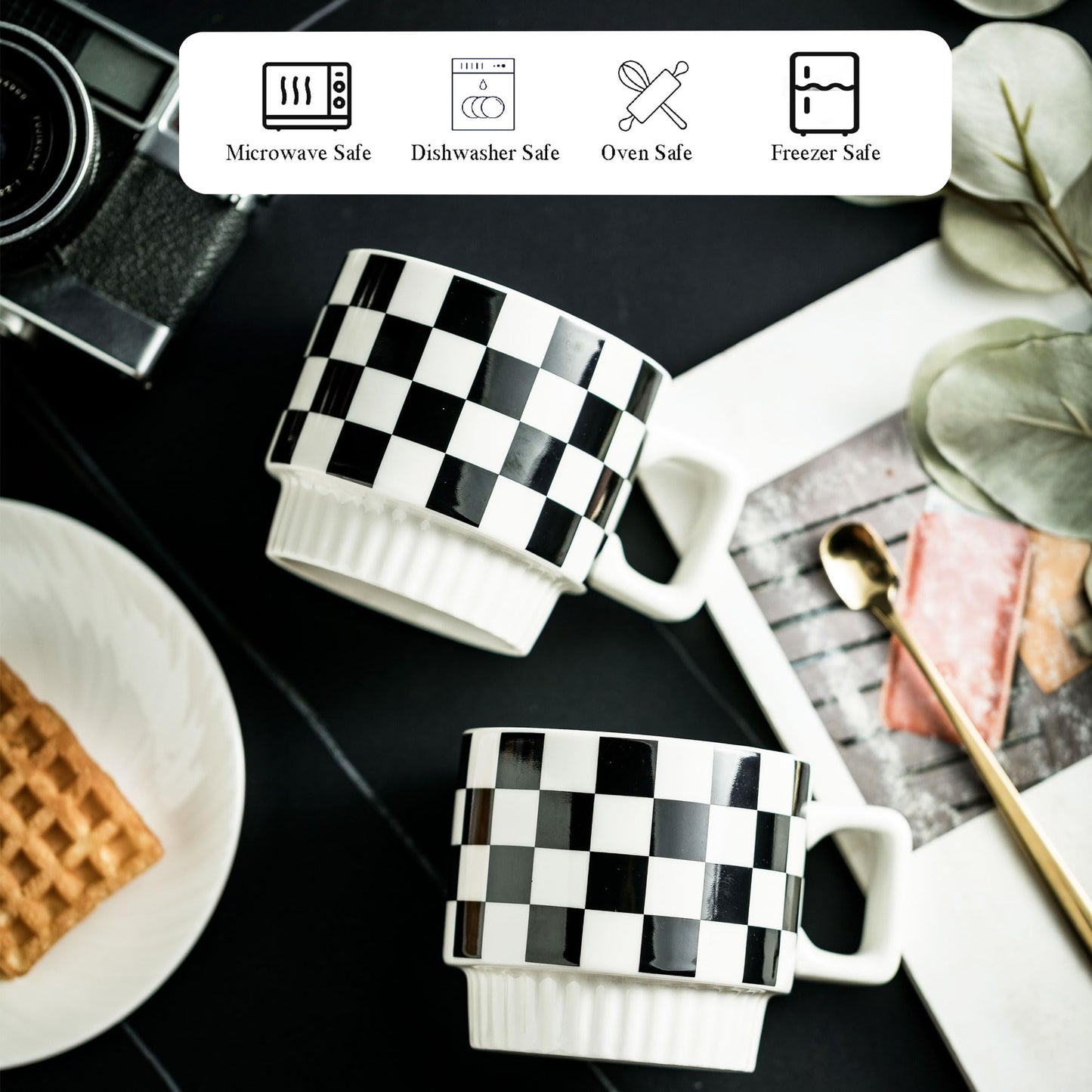 Miamolo Stackable Coffee Mug Set of 4 with Rack 11 oz Tea Cup Set with Little Spoon for Coffee Tea Cocoa Milk, Checkered Black and White Pattern Coffee Mug for Housewarming Gift