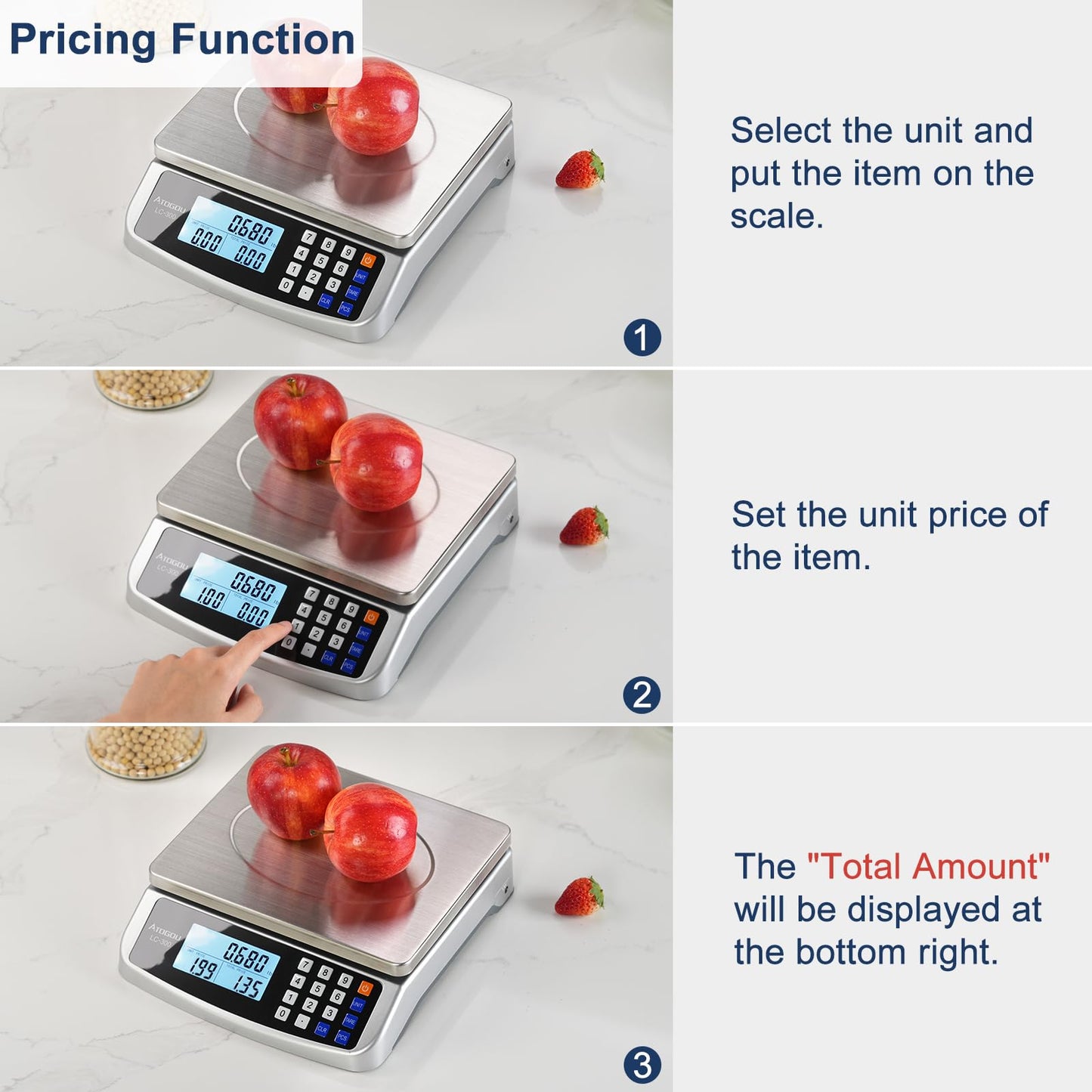 ATOGOU 66lb/30kg Commercial Large Digital Kitchen Scale 0.05oz/1g with Price Computing, 304 Stainless Steel Scale, AA Battery or Plug-in Use and LCD Display for Baking, Cooking, Counting Coins DT580