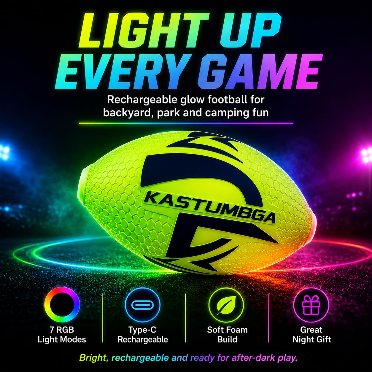 Rechargeable Light Up Football for Kids, Glow in The Dark Football with 7 RGB LED Modes, 8.3-Inch Soft Foam Youth Size for Backyard Night Play, Sports Gifts for Boys 8-12 and 10 Year Old Boys