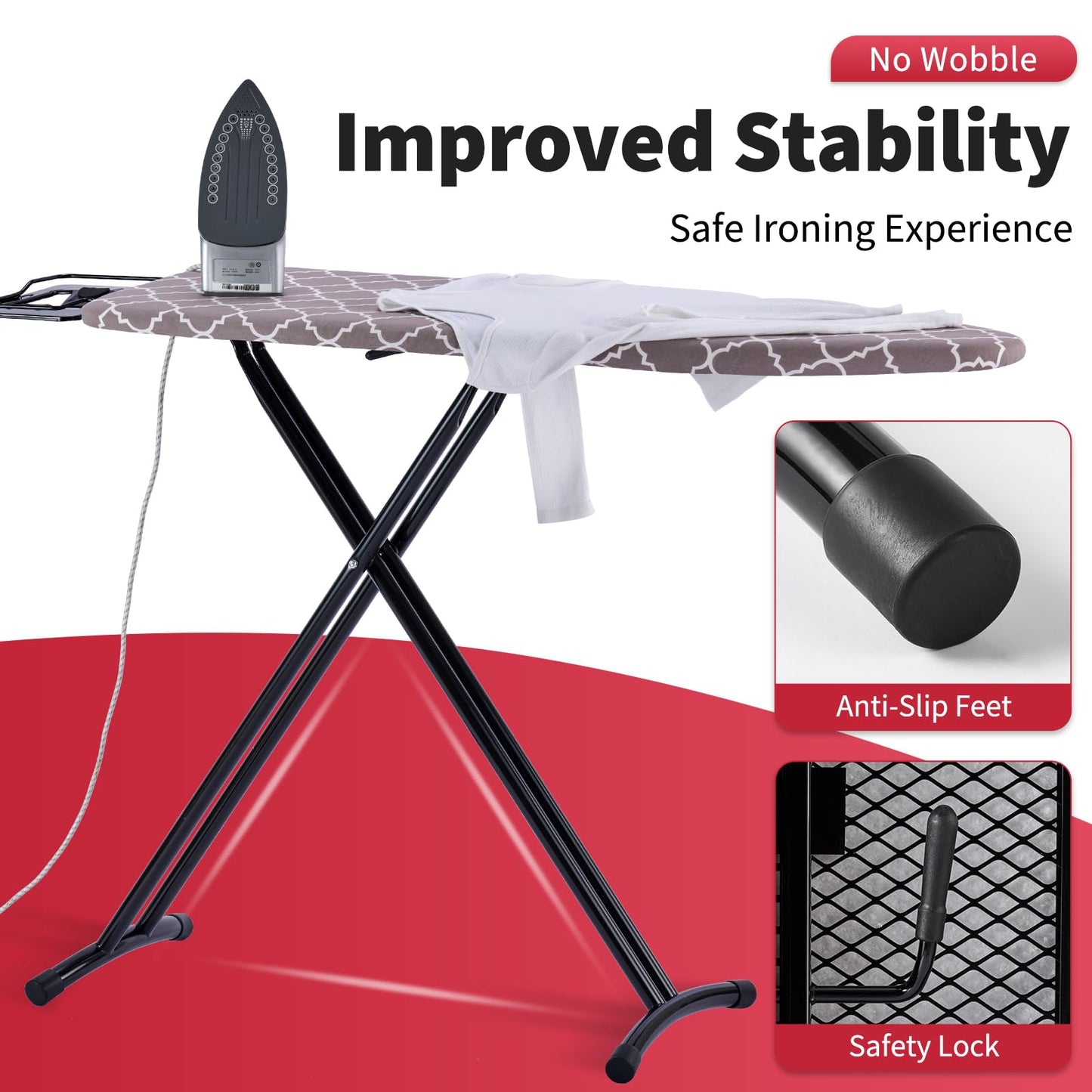 Full Size Ironing Board 57" L X15 W, Large Wide Sturdy Ironing Board with Iron Rest, Foldable Adjustable Iron Board with Heat Resistant Cover, Enhanced Stability (Black Gray)