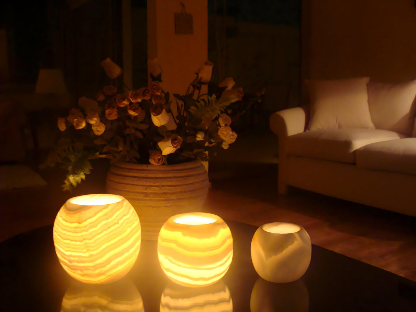 CraftsOfEgypt Single Alabaster Candle Holder - Egyptian Tealight and Votive Candles Holders with Amber Glow for Home Décor Natural Stone Soothing Tranquil Aurora