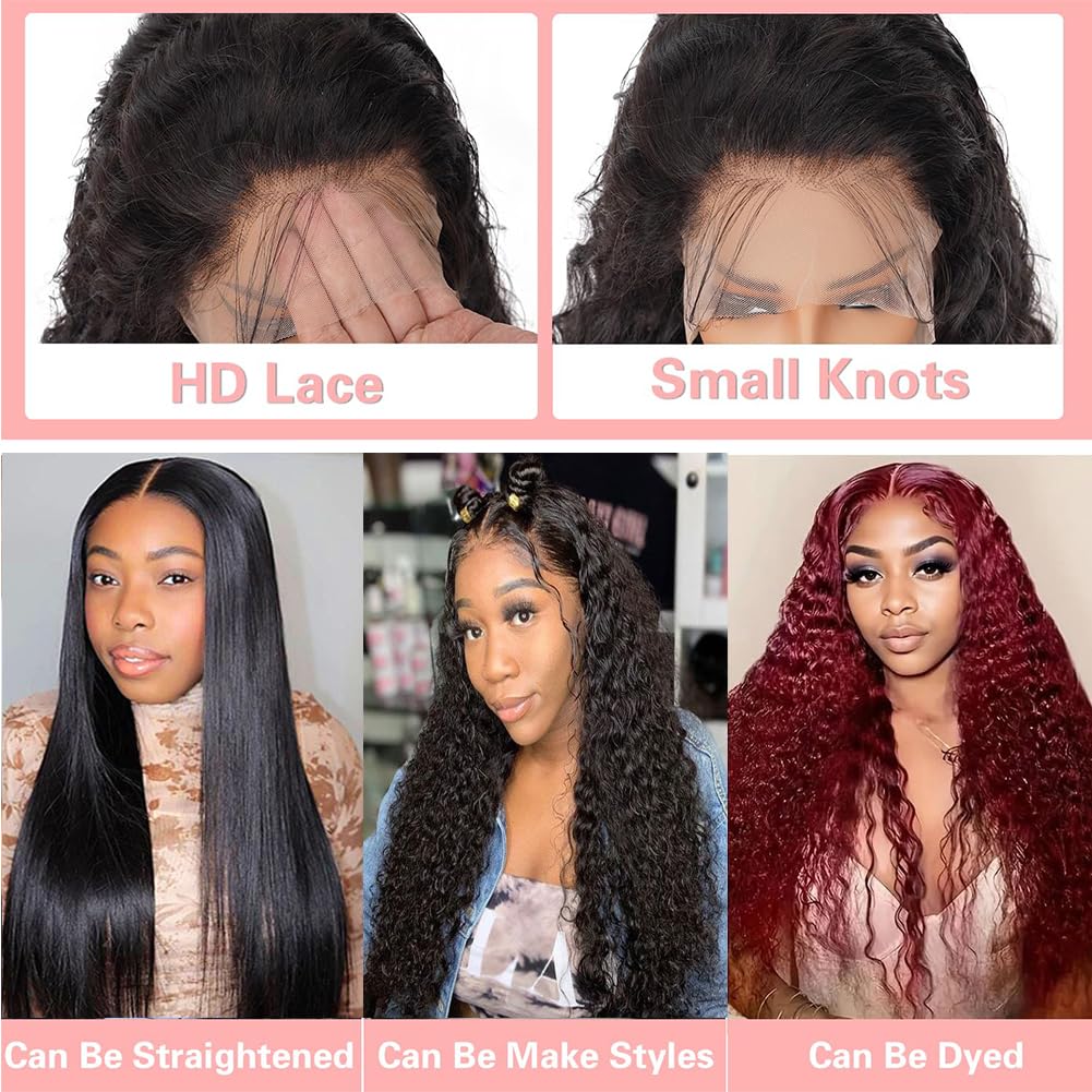 LYILYI 200 density 13x6 Water Wave Lace Front Wigs Human Hair Pre Plucked Glueless Wigs Human Hair Deep Cury HD Transparent 13x6 Full Lace Frontal Wigs Brazilian Virgin Hair Wigs Natural Black 28inch