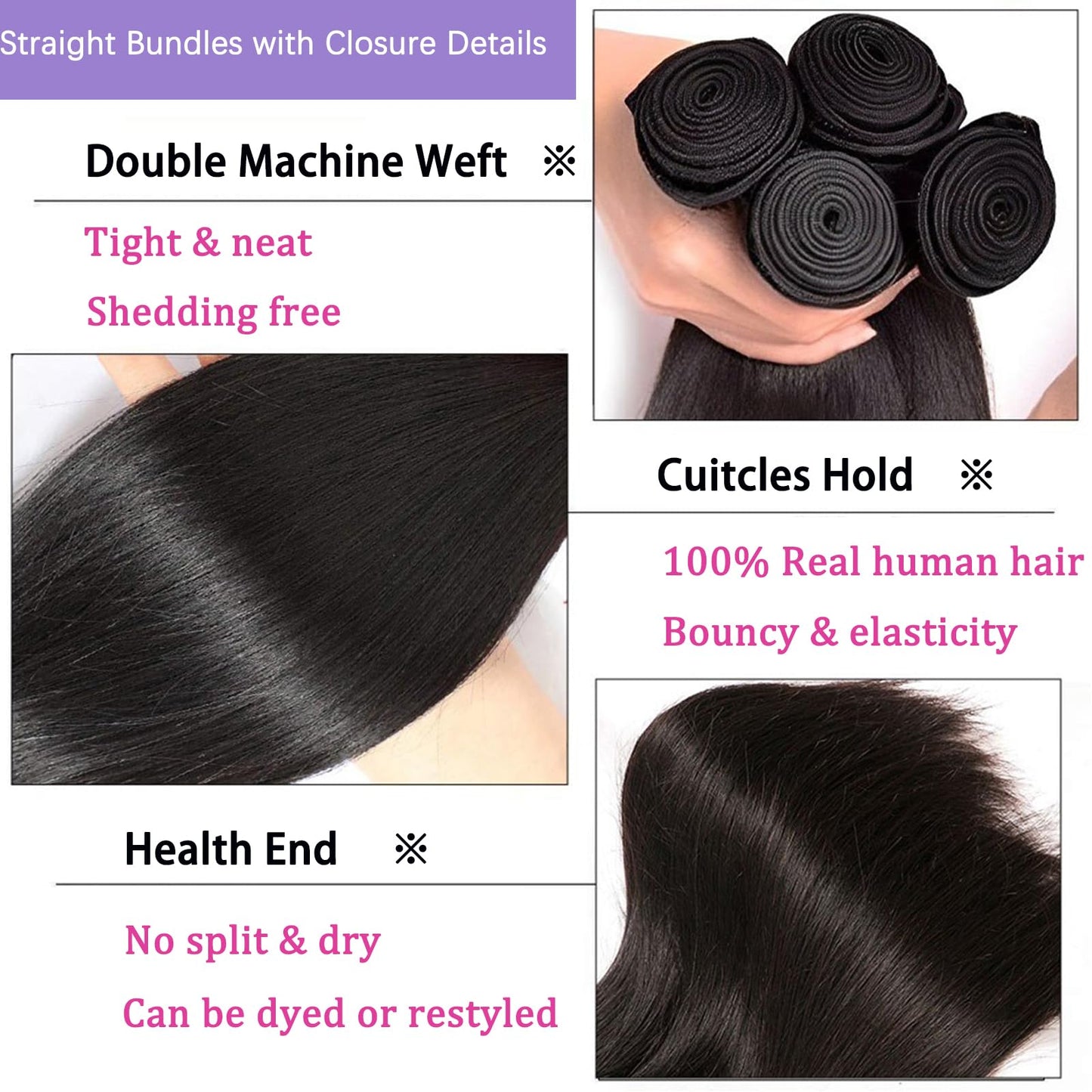 PINJUOO Straight Human Hair Bundles with Closure Raw Indian Hair 3 Bundles and Closure (20 22 24+18 Inch) 100% Unprocessed Virgin Human hair Bundles with 4X4 Lace Closure Natural Color for Women