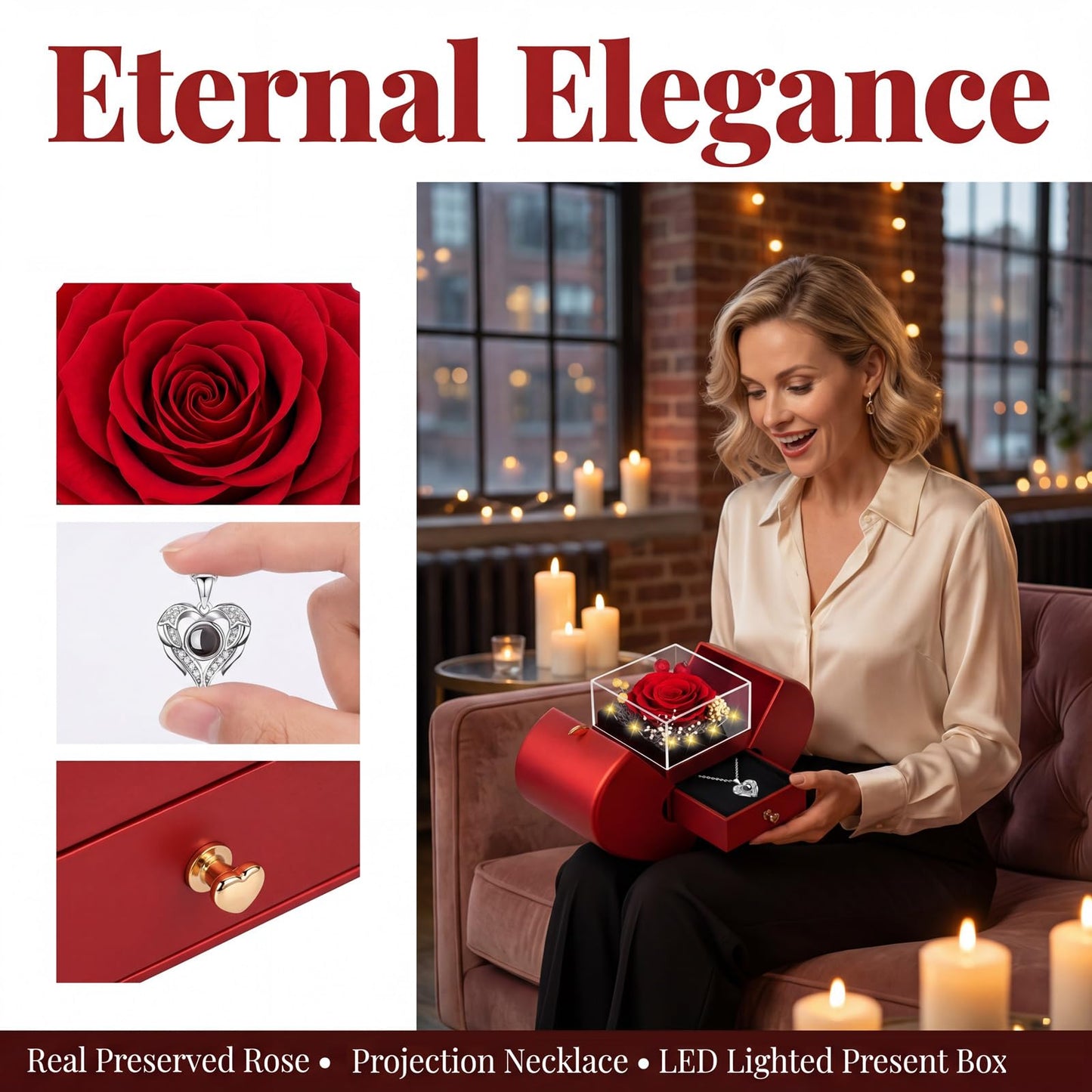 moshen Preserved Red Rose Flower Gift Box with LED Lights, Romantic Gift for Women, Ideal Gift for Mom Wife Girlfriend on Mother's Day, Valentine's Day, Christmas, Birthdays Anniversary (Red)