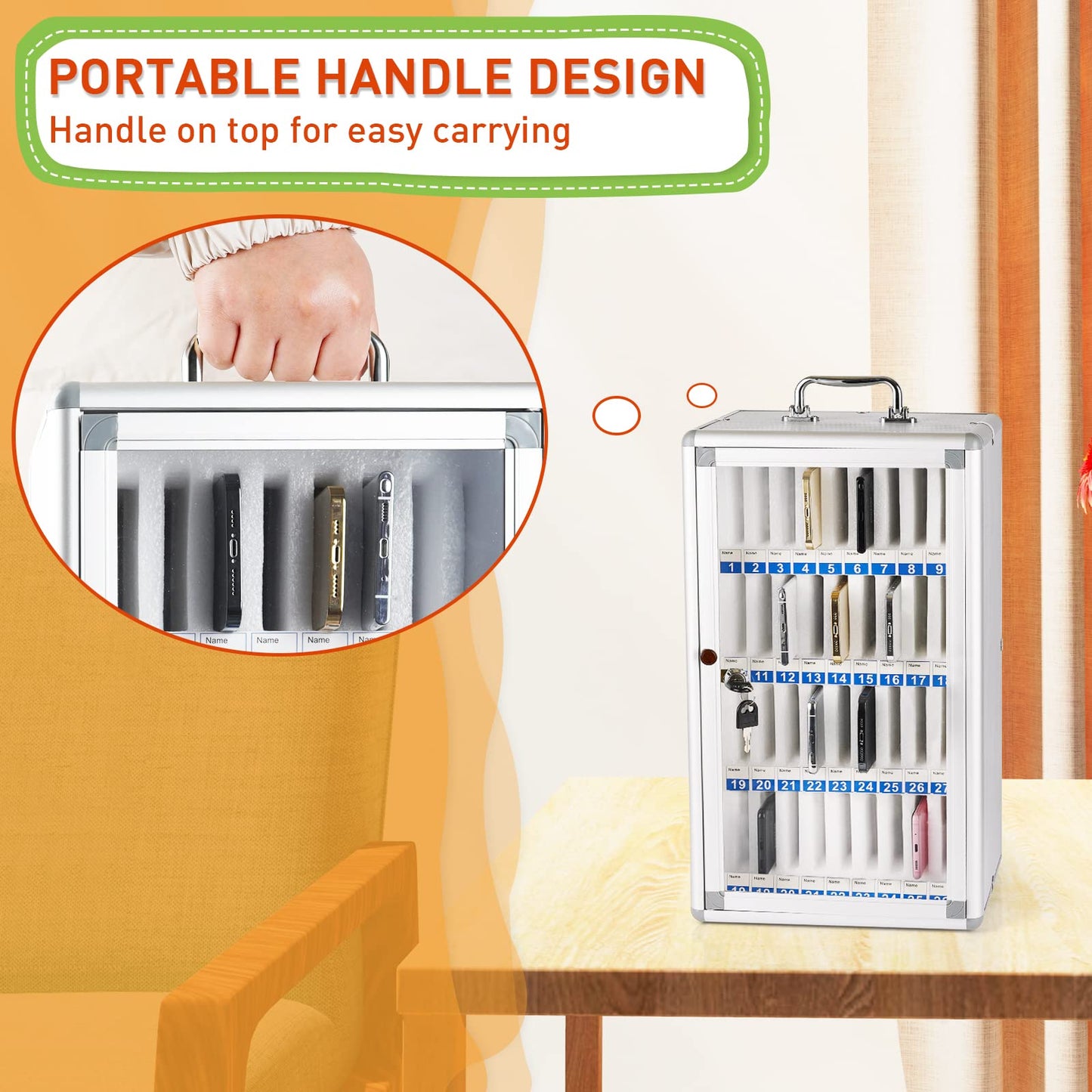 Loghot Aluminum Alloy Pocket Chart Cell Phones Storage Cabinet for Cell Phones,Wall-Mounted with a Locked,Can be Carried by Hand (36 Slots)