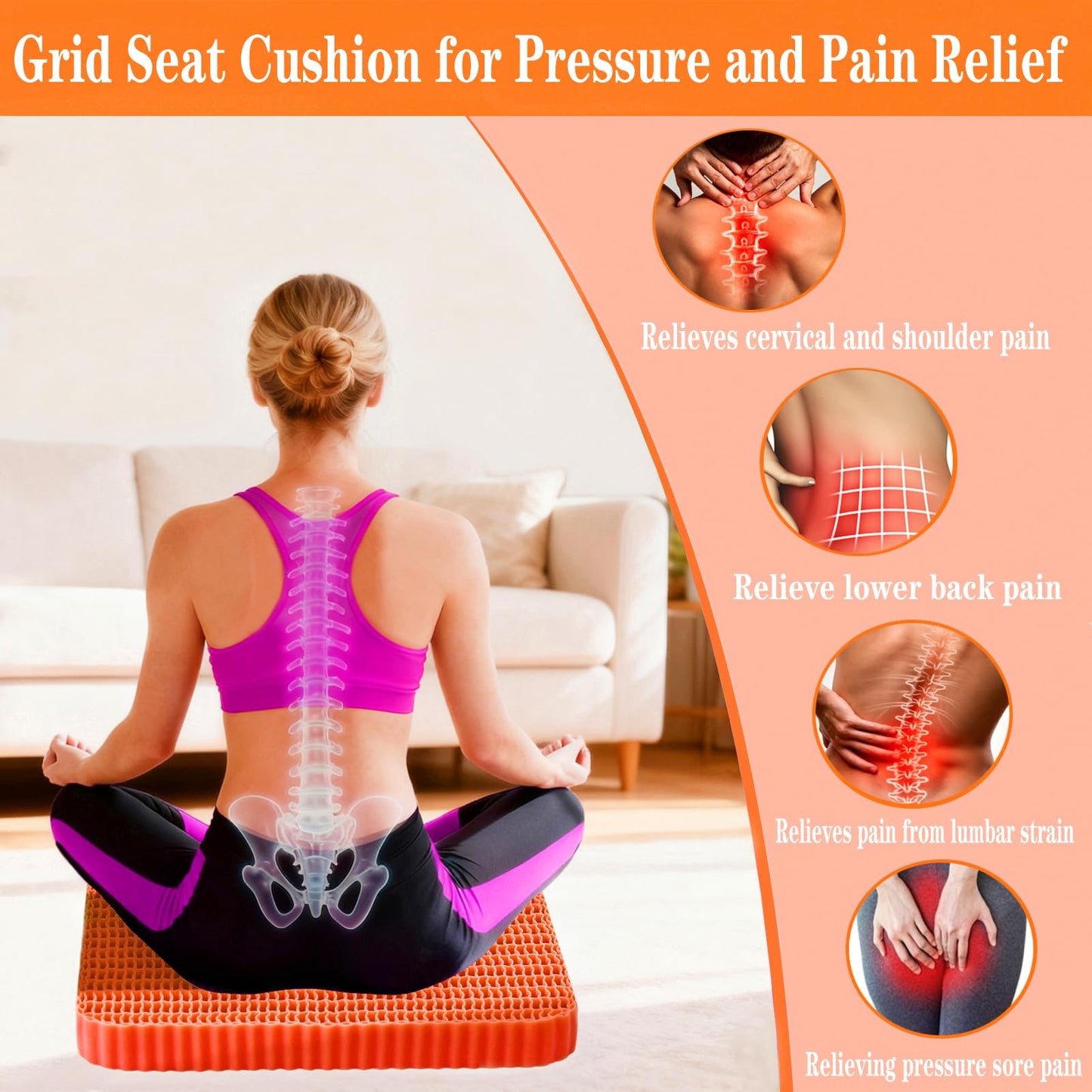 Wiesumirt Innovative Gel Seat Cushion for Long Sitting, Large Cooling Supportive Seat Cushion for Back, Sciatica, Tailbone Pain Relief, Used for Office, Wheelchair, Car, Home, Stadium, Kayak.(Orange)