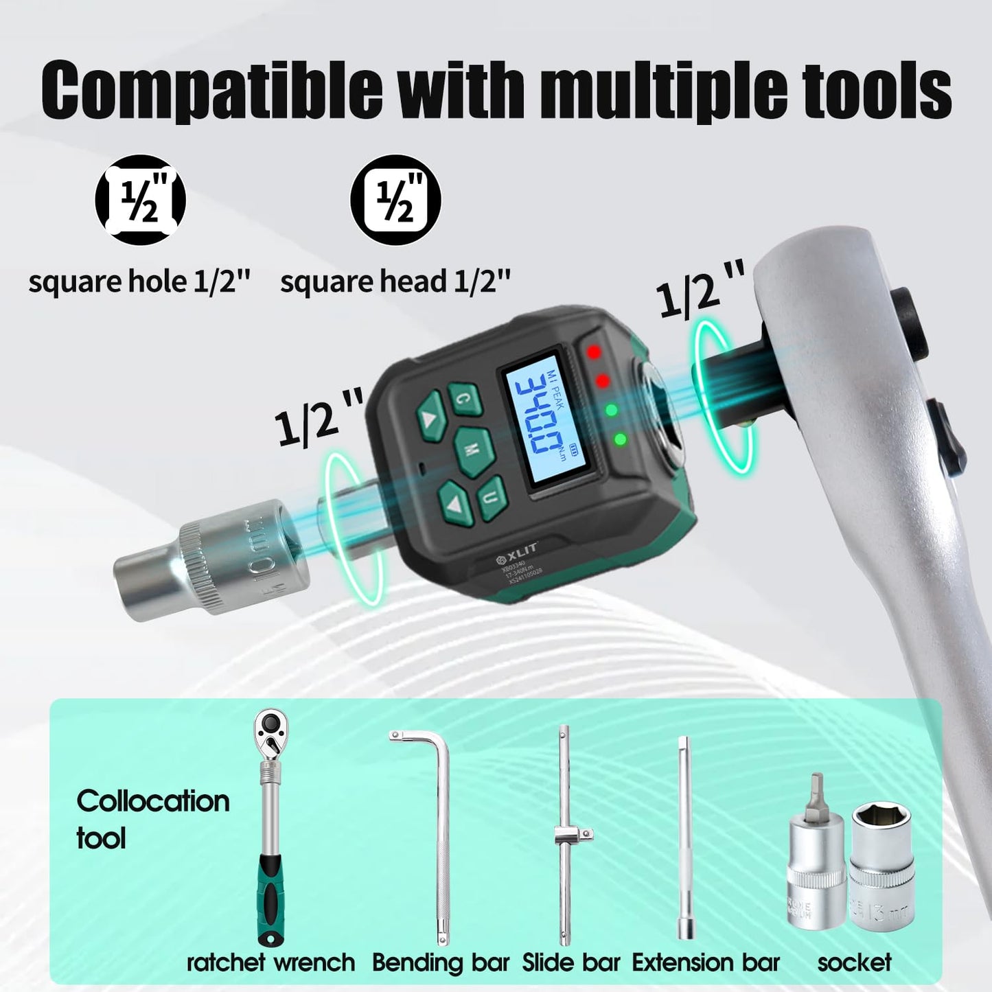 XLIT 1/2" Digital Torque Adapter Set, ±2% Accuracy, 12.5-250 ft-lb, Buzzer & LED Indicator, Date Logging with Preset - Electronic Torque Wrench Converter with 3/8", 1/4" Socket, Auto Repair