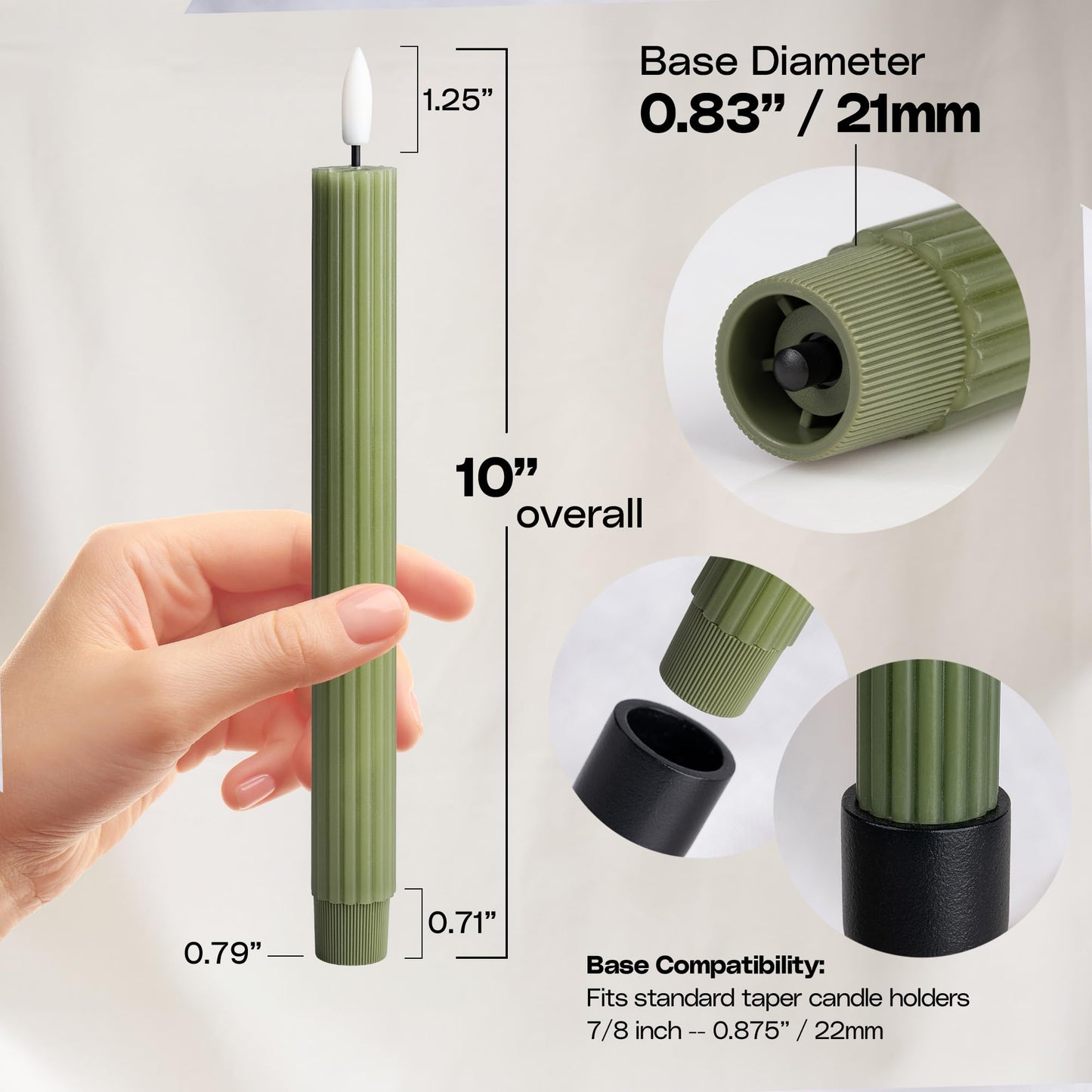 West Ivory 6 Pack, 10" LED Flameless Real Wax Sage Olive Loden Green Fluted Ribbed Grooved Taper Candles, Remote & 24h Timer Memory, On/Off Button, Dimmable, Flicker Mode, Battery Operated, Wedding