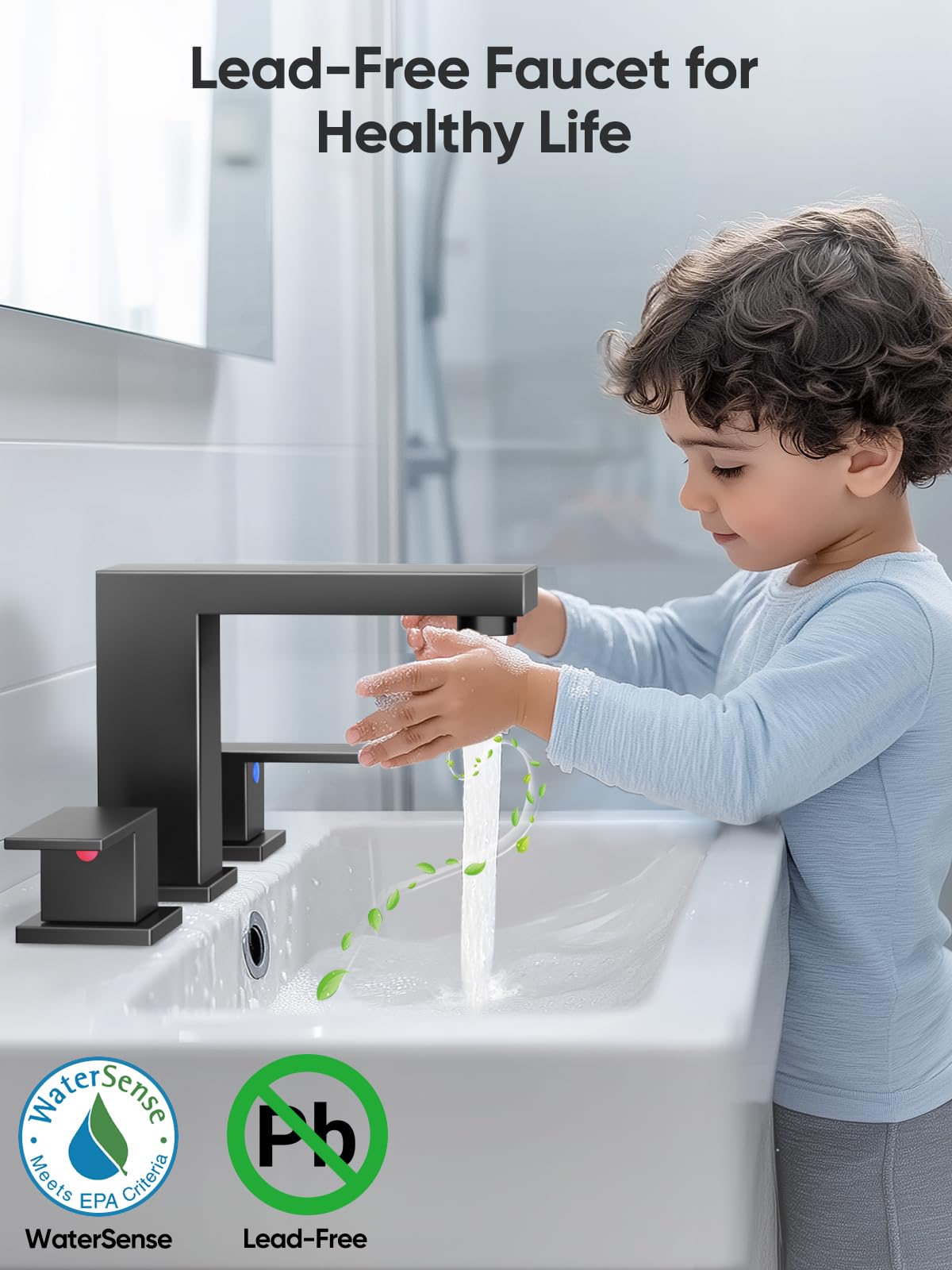 Cobbe Bathroom Faucets for Sink 3 Hole, Matte Black Bathroom Sink Faucet Square 8 inch Widespread with Pop-Up Drain, 2 Handle and 2 Supply Hoses, Lead-Free Stainless Steel for Vanity, Rv, Farmhouse