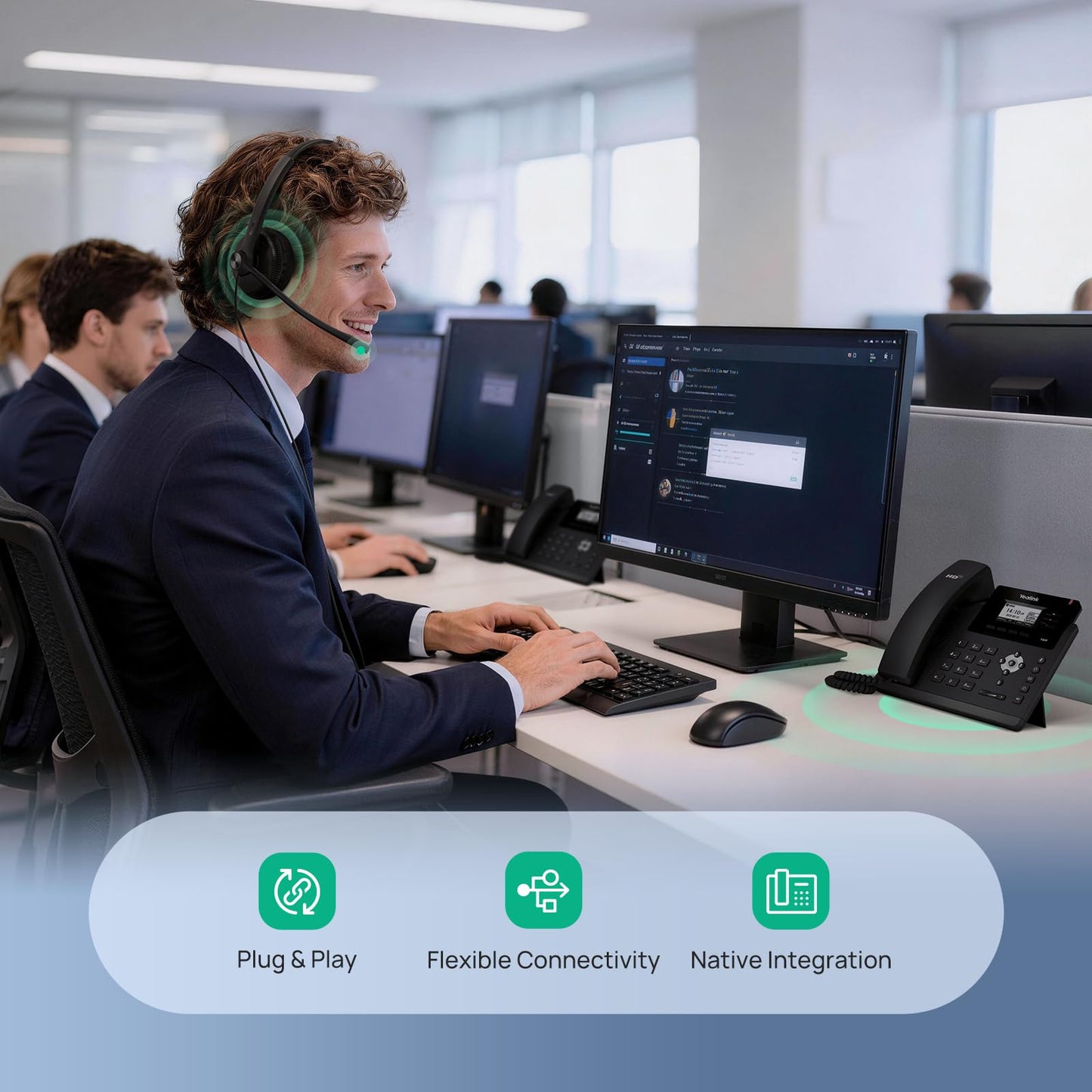 Yealink Phone Headsets for Office Phones YHS34 QD to RJ9 Wired Headset Compatible with Poly Snom Phones Desk Landline Headset with Microphone -Dual/129g/2.1m Cable