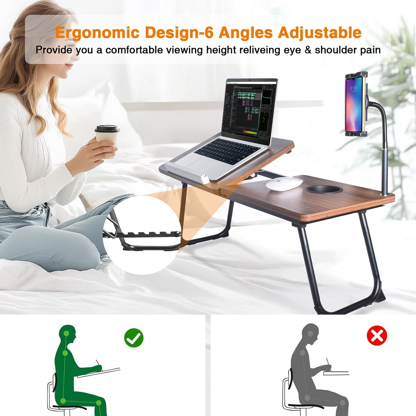 wishacc 28.7" Extra Wide Laptop Lap Desk for Bed and Sofa, Adjustable Bed Desk with Flexible Phone & Tablet Mount, Portable Black Lap Tray Table for Floor Couch Work, 2 Book Clips Included