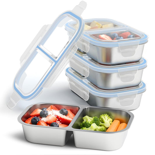 EC-Gaze 4 Pack Stainless Steel Snack Containers, 2 Compartment Reusable Metal Snack Boxes Containers with Leak-Proof Lids, Compact Lunch Box Food Storage Container