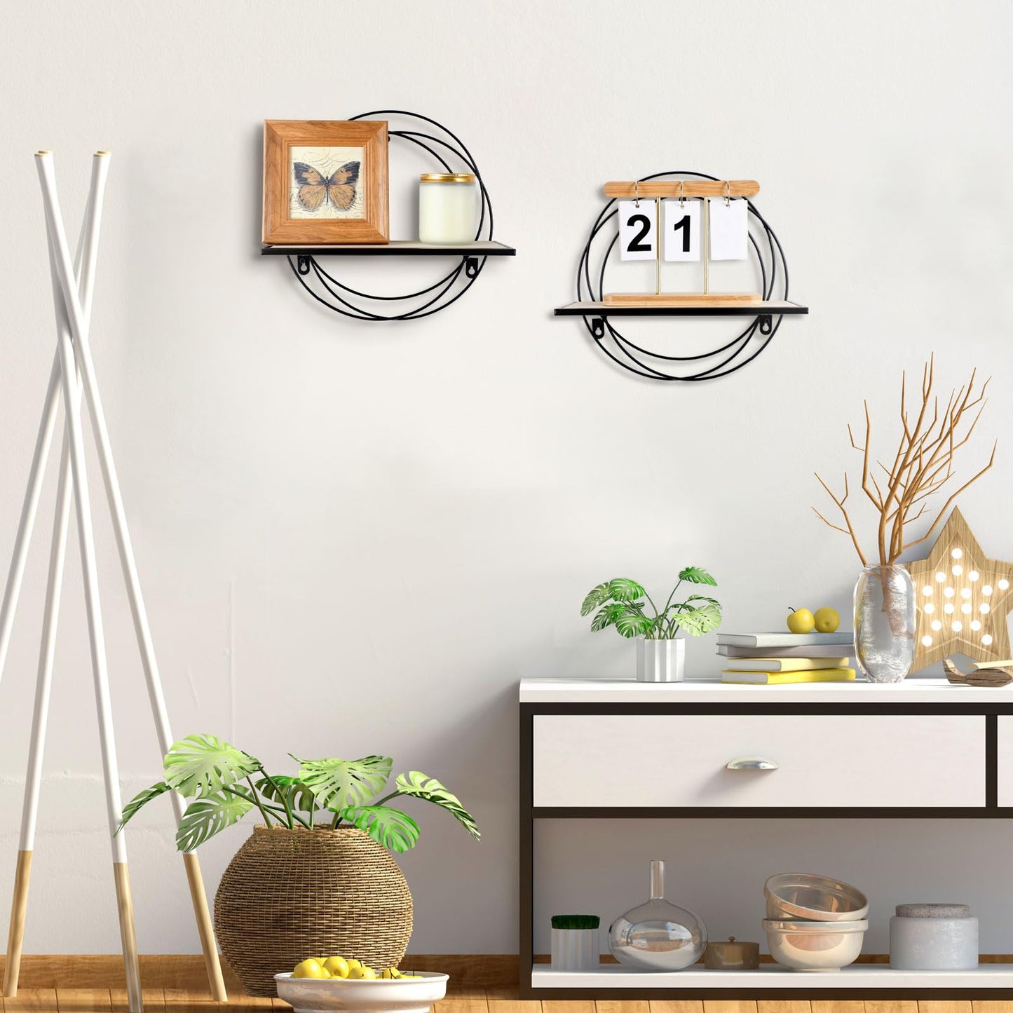Yaocom 3 Pcs Floating Shelves Wall Mounted Hanging Shelf with Metal Wire and Wood, Foldable Round Shelf Wall Decor for Storage Bedroom Bathroom Living Room Kitchen Office Home Decoration (Black)