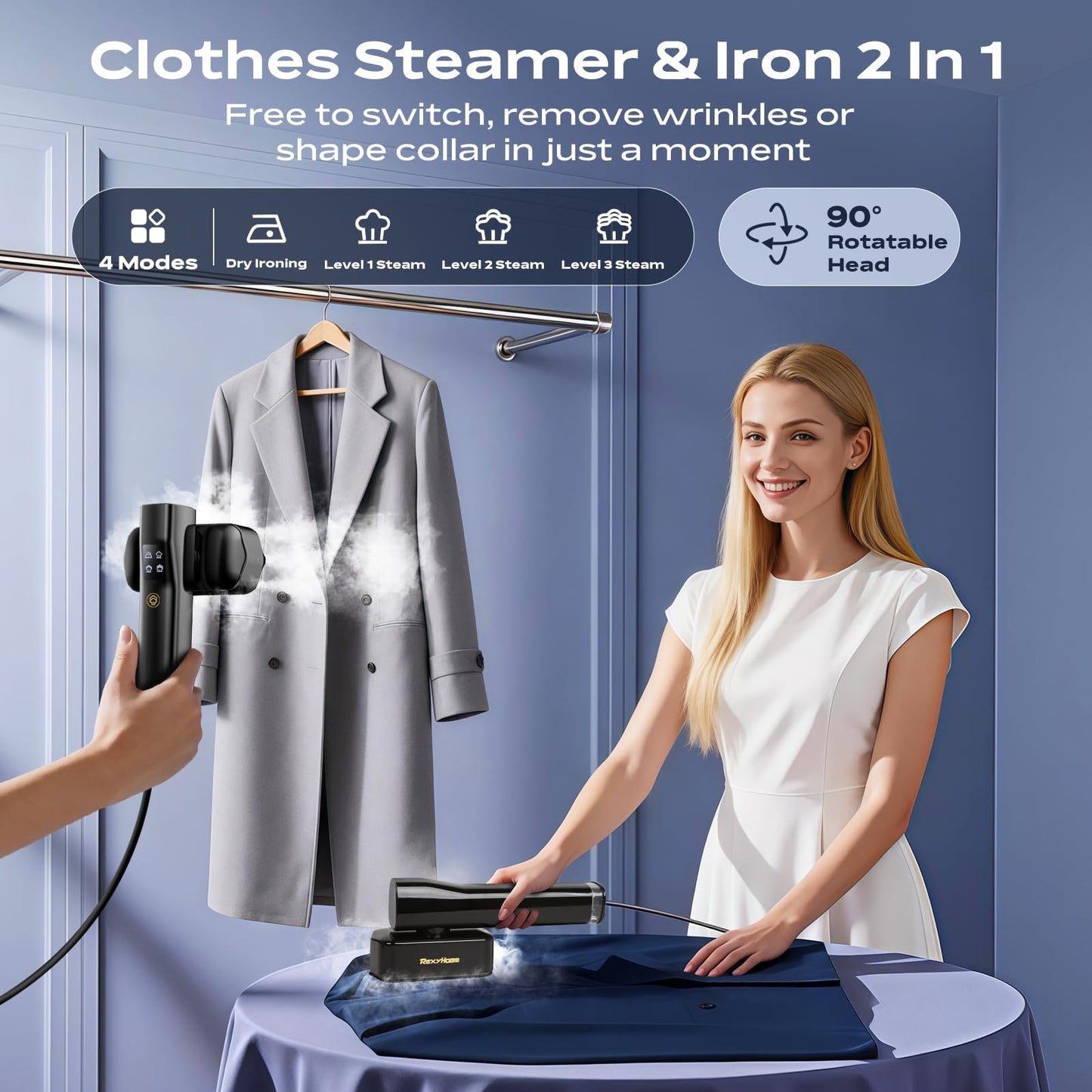 REXYHOME Travel Steamer for Clothes: 1000W Powerful Clothes Steamer & Iron 2 In 1, Fast Heat Up with 4 Modes, Portable Handheld Garment Steamer, Quick Wrinkle Removal for Home & Travel, 110-120V