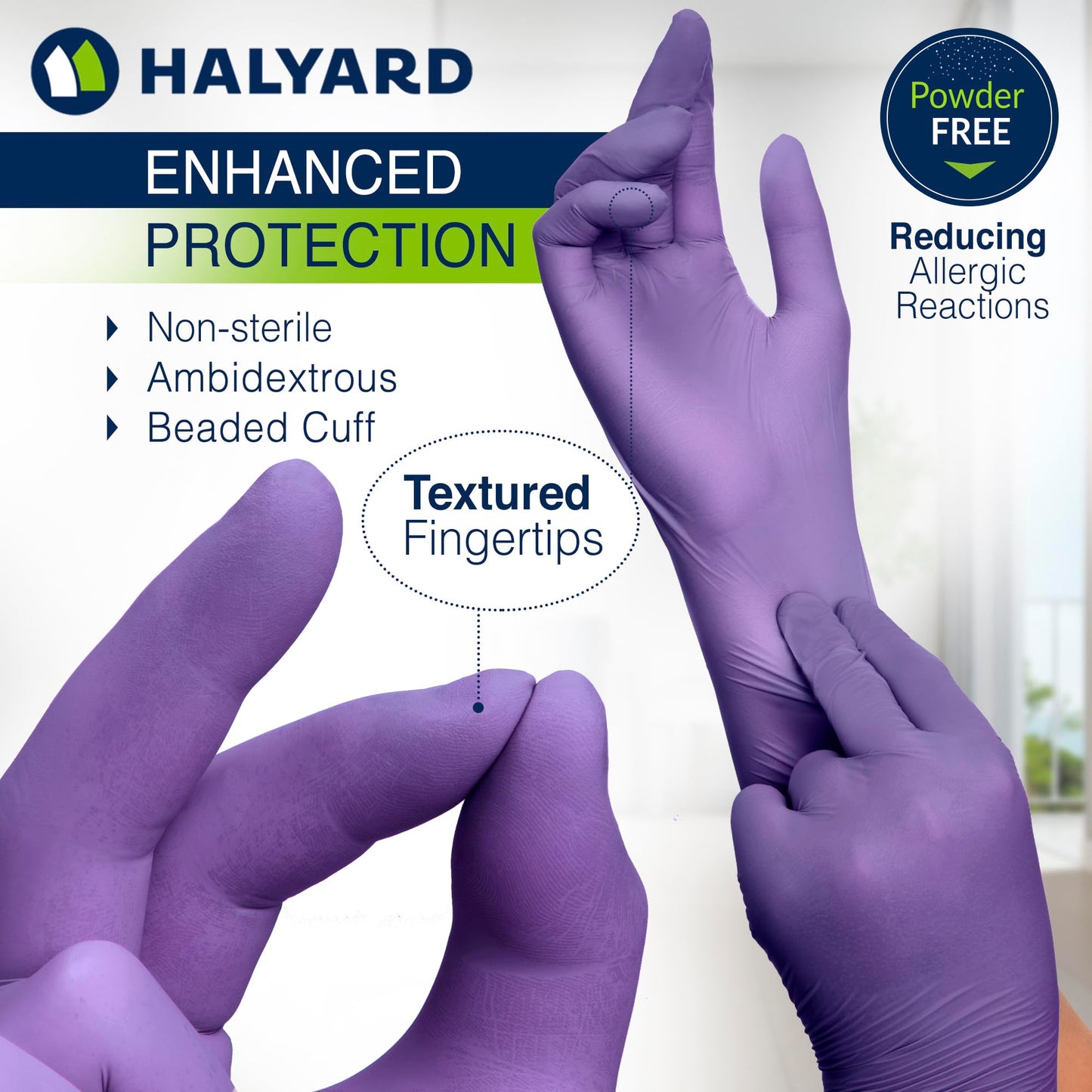 HALYARD Purple Nitrile-Xtra Exam Gloves, Sterile (Individually Wrapped), Powder-Free, 5.9 mil, 12 Inches, Purple, Large, 14262 (Box of 100/50 Pairs)