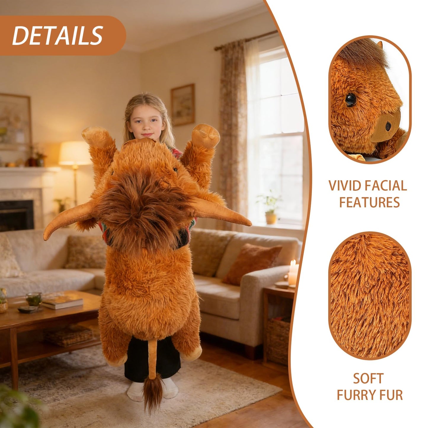38.5 Inch Brown Giant Highland Cow Plush Stuffed Animal - Large Cow Pillow Gift for Kids and Adults, Couch & Bed Decor