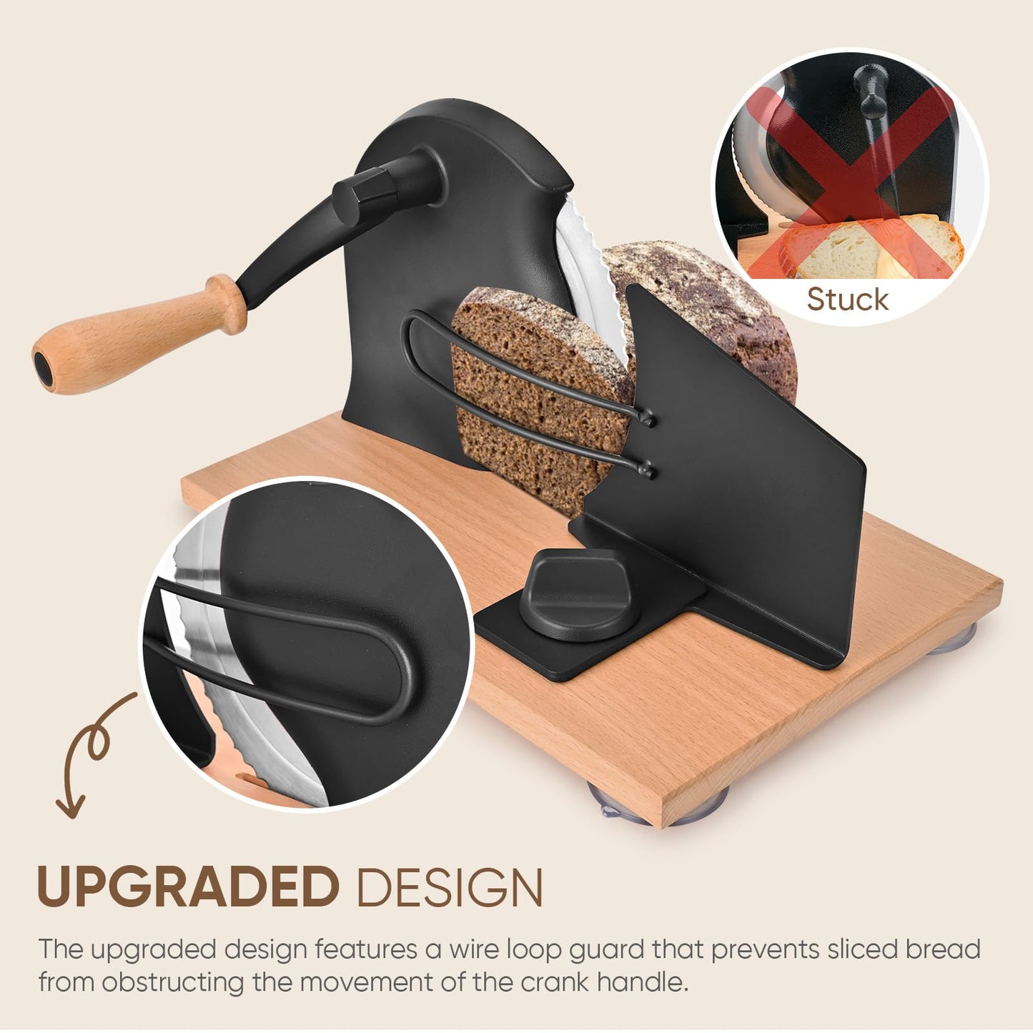 SOWKIPE Manual Bread Slicer with Hand Crank, Classic Home Bread Slicer for Homemade Sourdough, Rotary Slicer with Adjustable Thickness, Premium Stainless Steel & Powerful Suction Cups (Black)