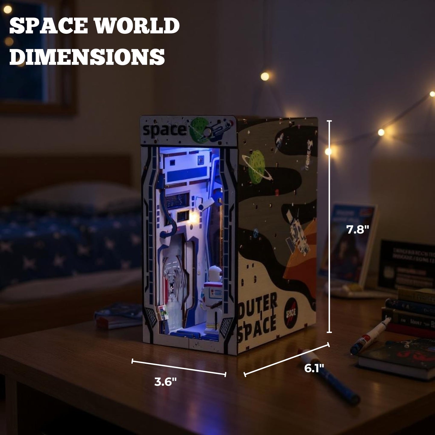 PYAARI Space World Book Nook Kit, Astronaut 90-Piece DIY Miniature LED Doll House, 3D Wooden Puzzle BookNook Kit for Adults, Tiny Home Model Building Kit for Book Lovers & Beginners, Bookshelf Decor