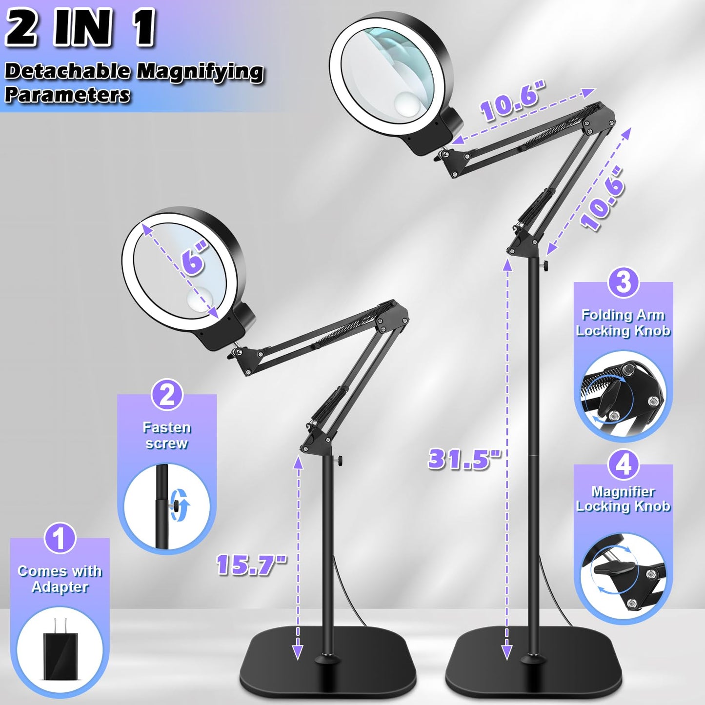 30X 10X Large Floor Magnifying Glass with Light and Stand,72 LED Adjustable Height Floor Magnifying Lamp,2 in 1 Lighted Magnifiers for Close Work, Sewing,Crafts,Hobbies,Reading (Black)