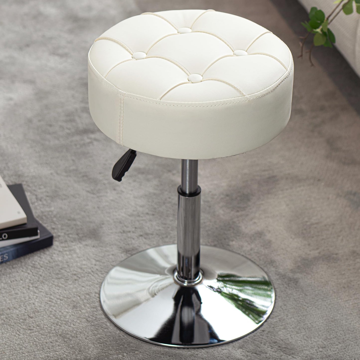 ACEQLYT Adjustable Vanity Stool with High-Density Non-Sagging Foam & Metal Base, Swivel Makeup Vanity Chair, Small Makeup Stool for Vanity, Bedroom, Bathroom, White PU Leather