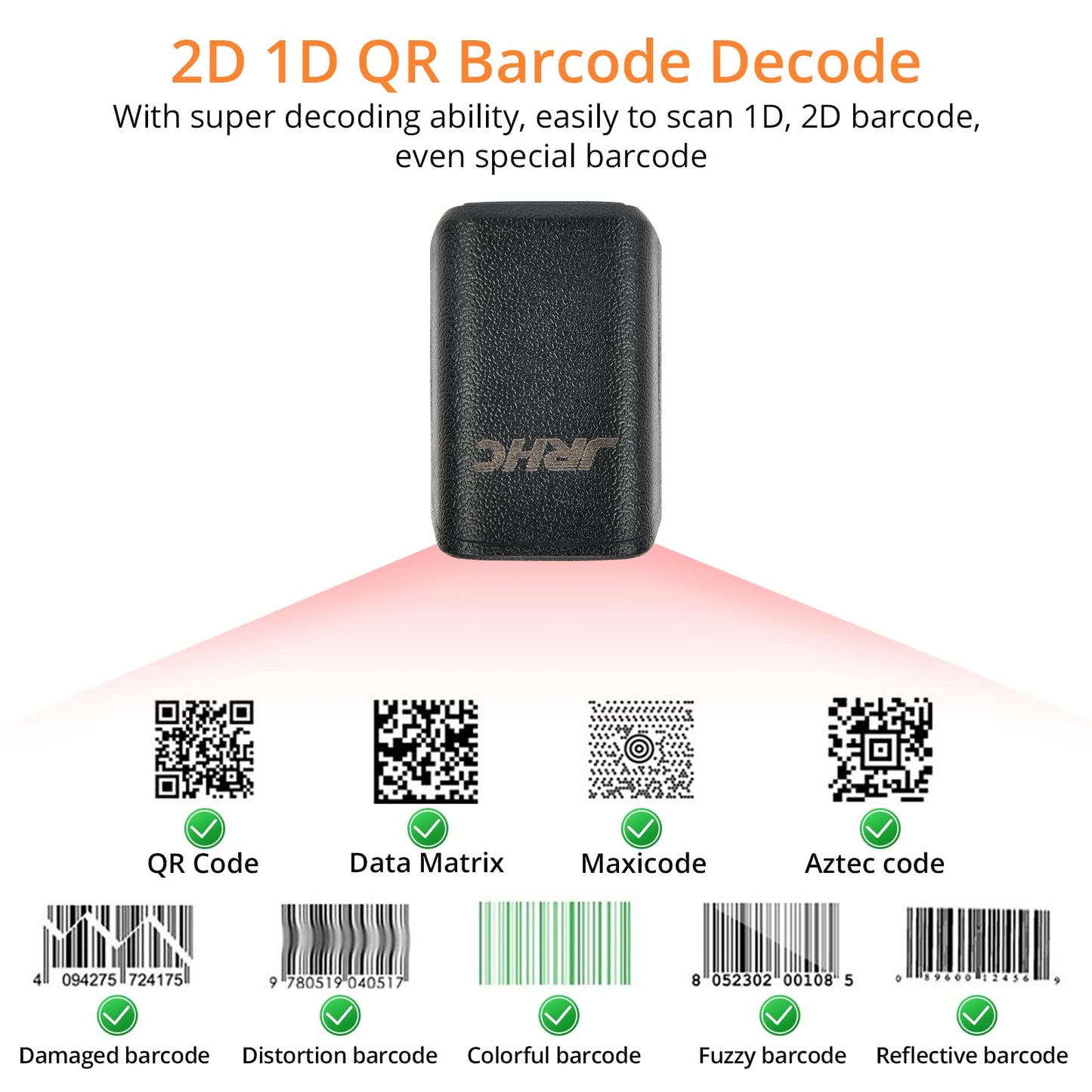 JRHC 1D 2D Bluetooth Portable Ring Barcode Scanner, Wearable Mini Barcode Reader with Wireless 2.4Ghz &Bluetooth &USB Wired 3 in 1, Connectable Windows/Mac OS/Android