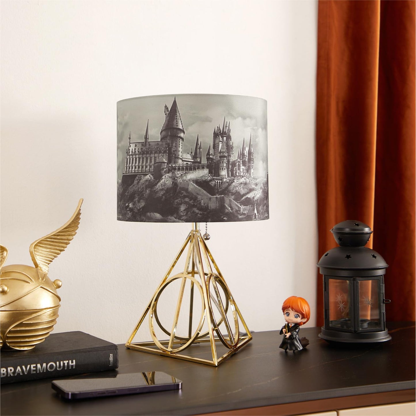 Harry Potter Figural Table Lamp – 16" Tall Gold Wire Base with Printed Hogwarts Shade, Decorative Kids Desk or Nightstand Lamp for Bedroom, Playroom, or Study Area
