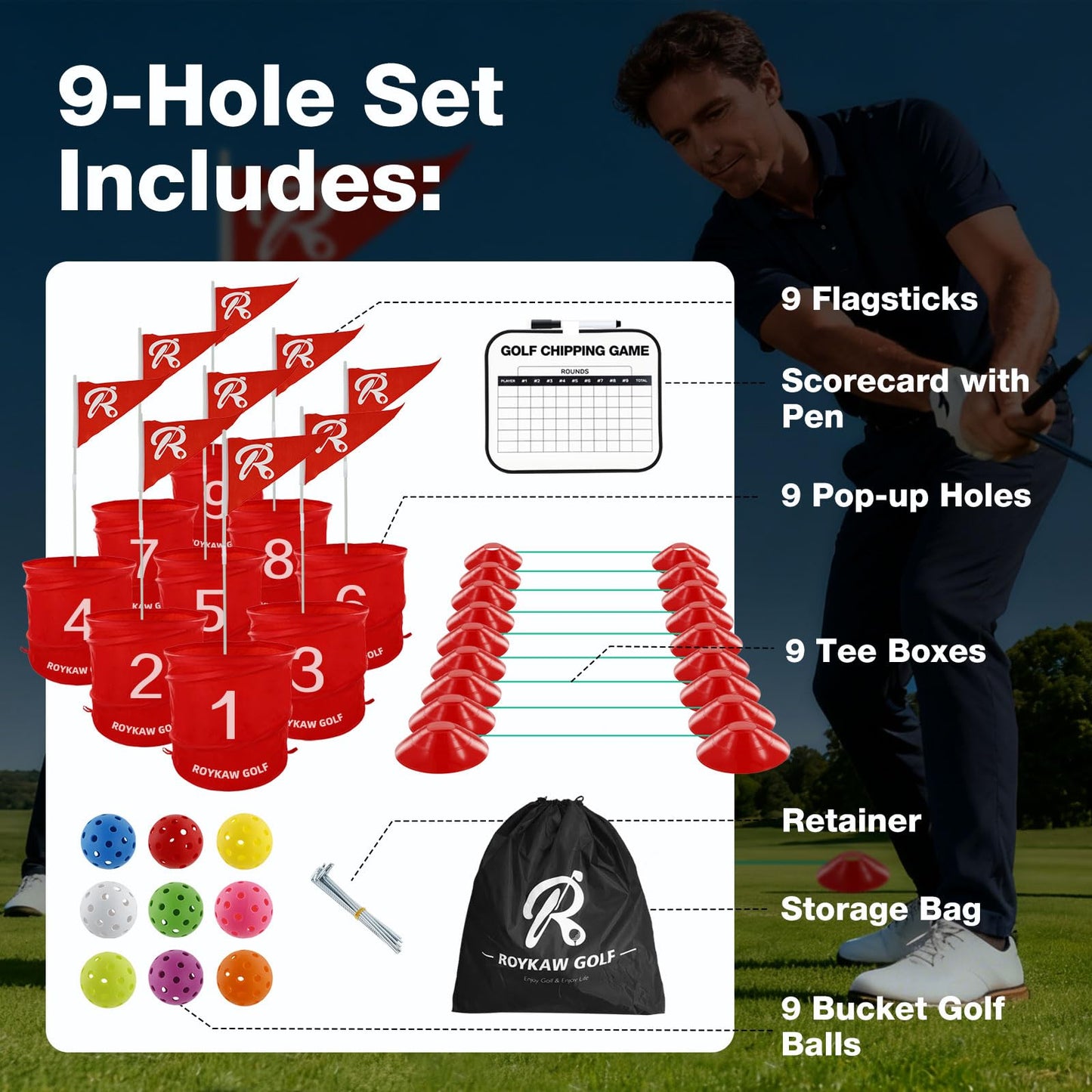Roykaw Backyard Golf Game, 9 Holes Bucket Game with Balls, Battle Golf Game for Outdoor Beach Park & Indoor, Golf Yard Game Set for Fun, Fits Family & Friend Party (No Golf Club)