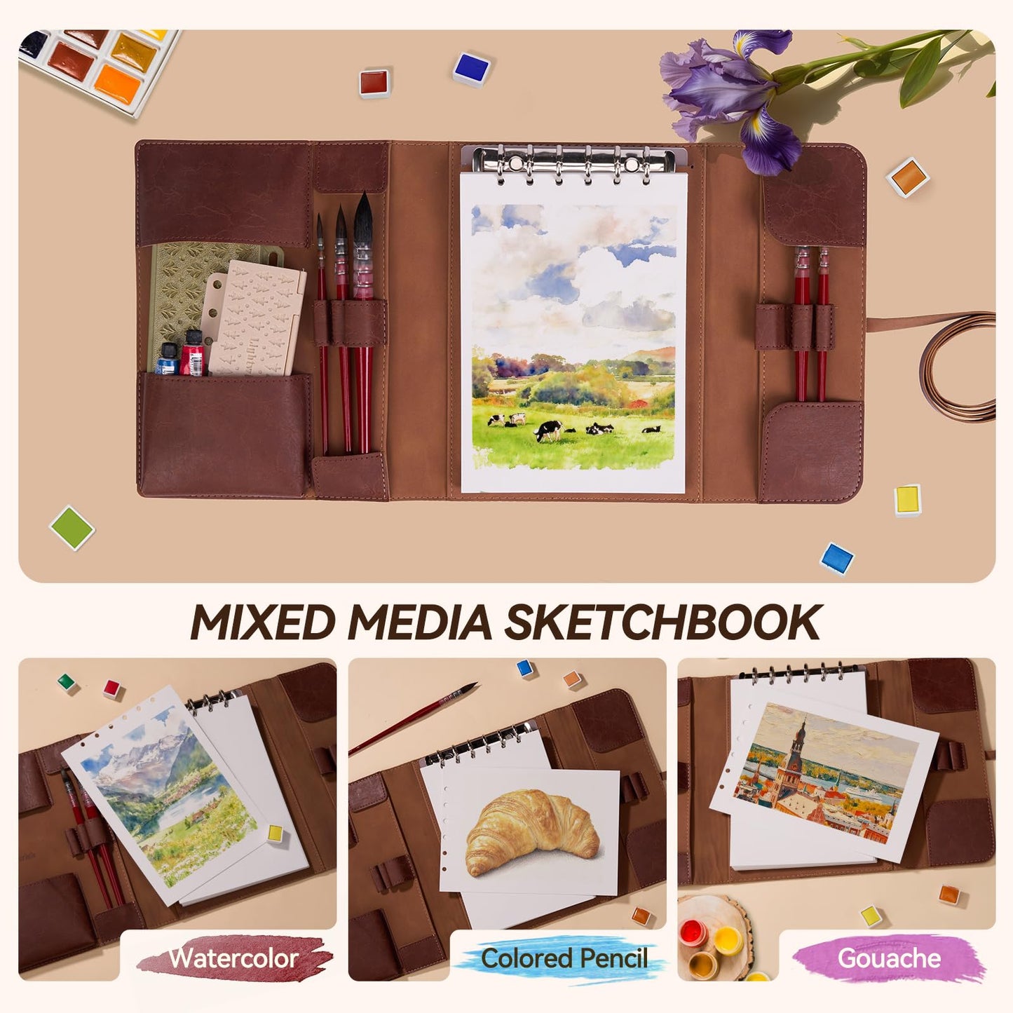 Lightwish Watercolor Pad - A5 20 Sheets 100% Cotton 300GSM Cold Press Paper | Detachable with Backing Board | All-in-One Travel Watercolor Journal with Brush Holders & Storage Pockets