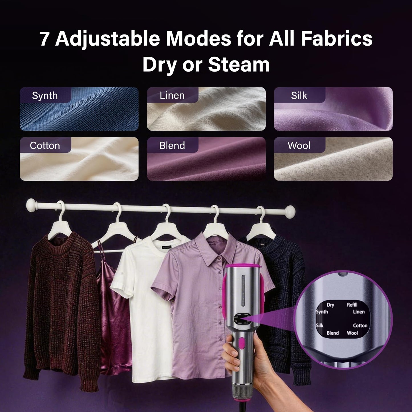 DEARBBEE Portable Travel Steamer for Clothes, 1200W Powerful Garment Wrinkle Removal with 7 Modes, 30s Fast Heat Up, 2 in 1 Compact Design for Home & Travel